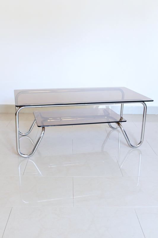 Vintage 1980s Chrome & Smoked Glass Two-Tier Coffee Table
