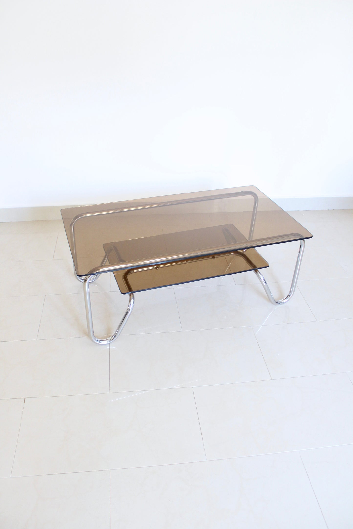 Vintage 1980s Chrome & Smoked Glass Two-Tier Coffee Table