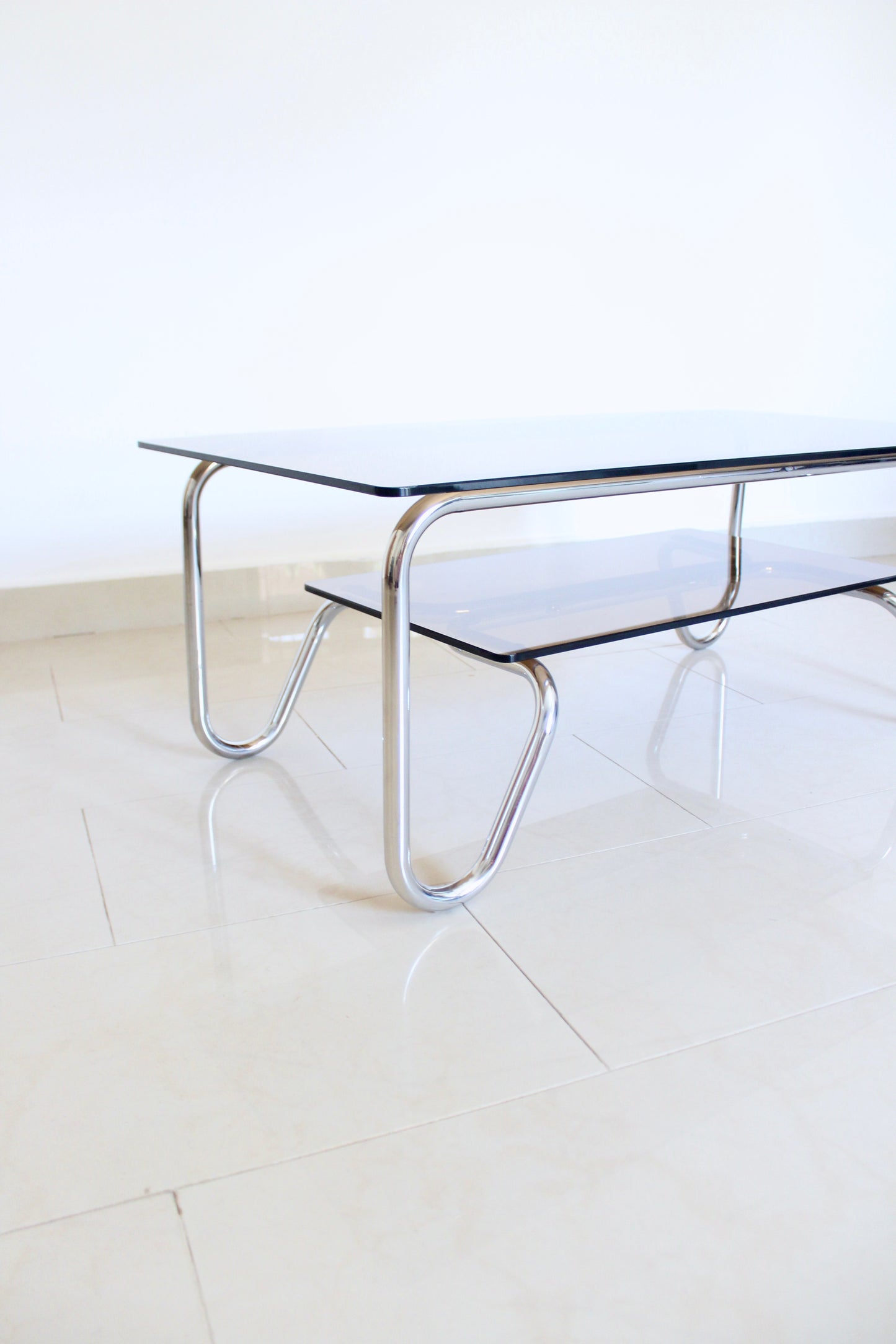 Vintage 1980s Chrome & Smoked Glass Two-Tier Coffee Table