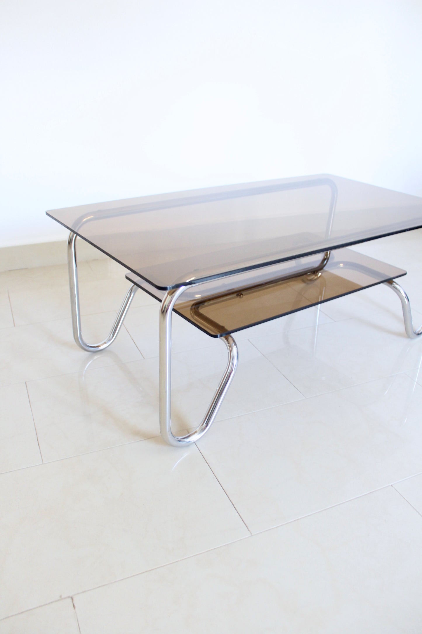 Vintage 1980s Chrome & Smoked Glass Two-Tier Coffee Table