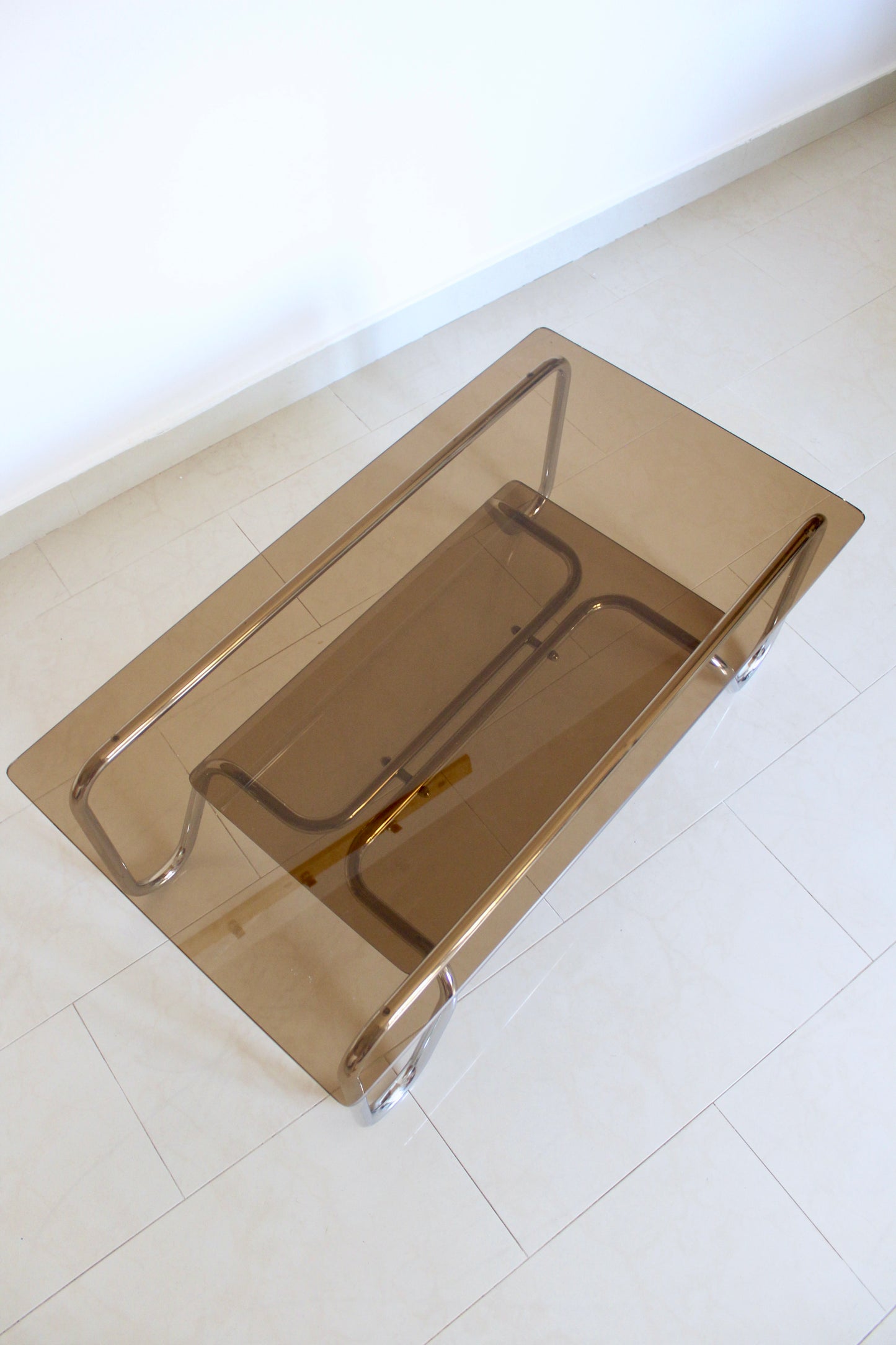 Vintage 1980s Chrome & Smoked Glass Two-Tier Coffee Table