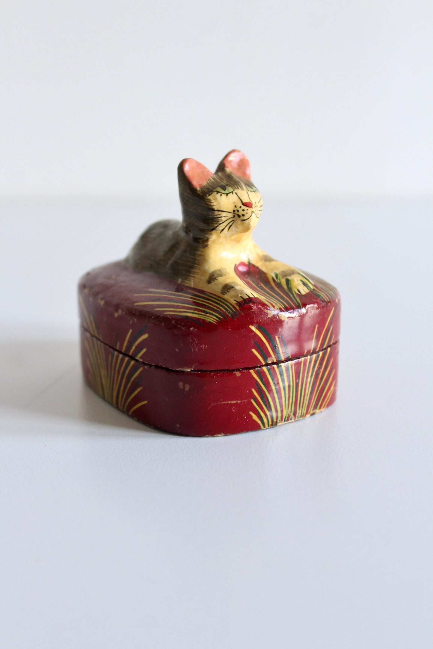 Vintage Kashmiri Hand-Painted Cat Trinket Box