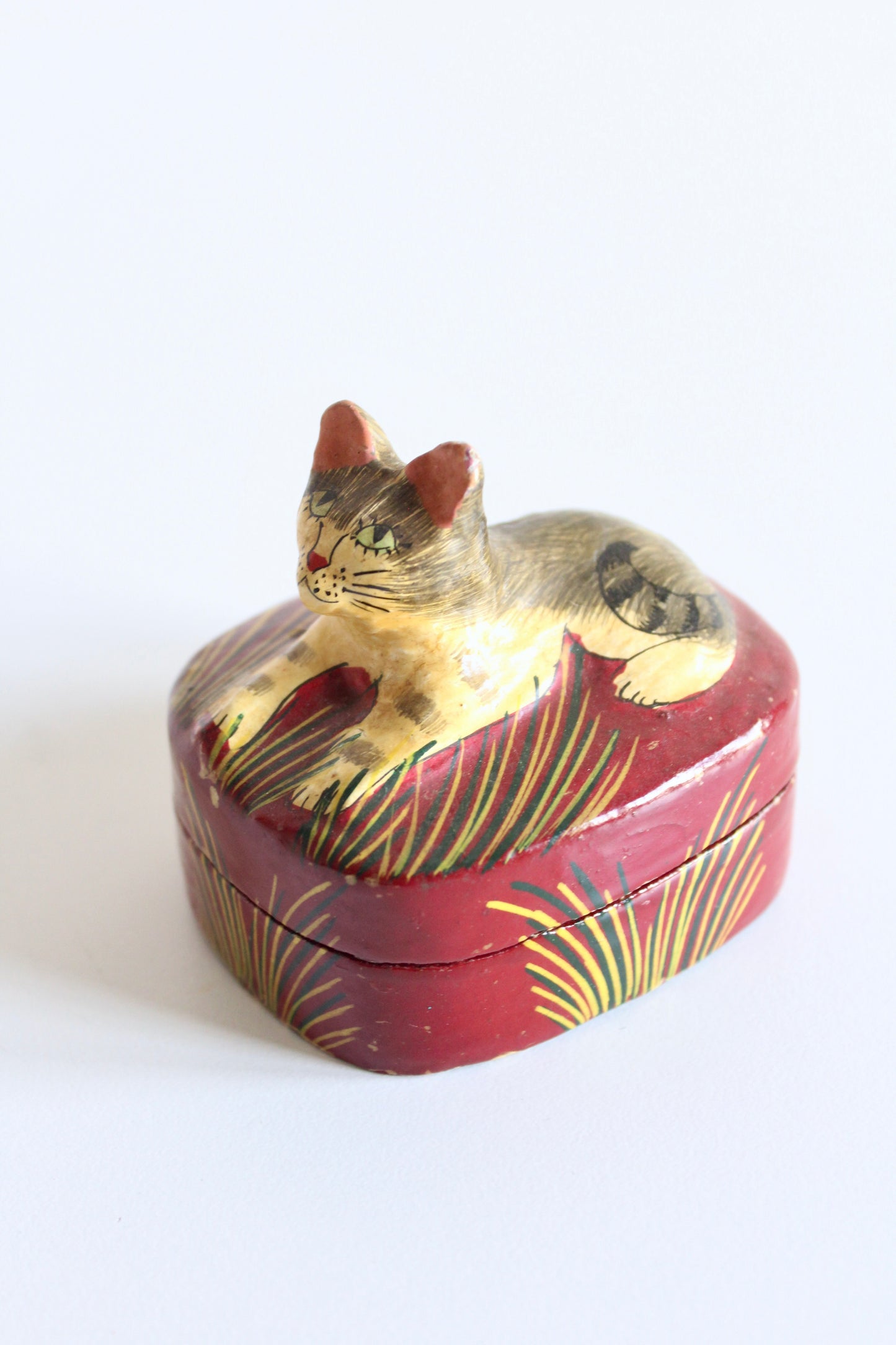 Vintage Kashmiri Hand-Painted Cat Trinket Box