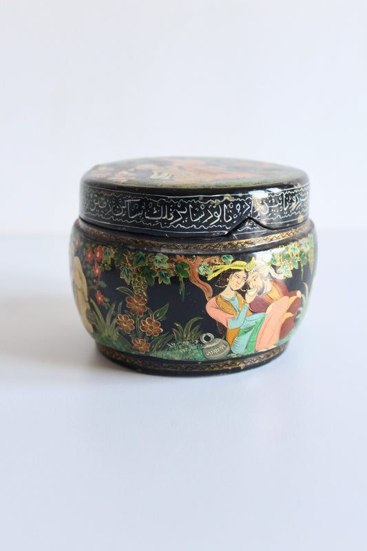 Vintage Hand-Painted Kashmiri Papier-Mâché Lidded Box – Romantic Garden Scenes