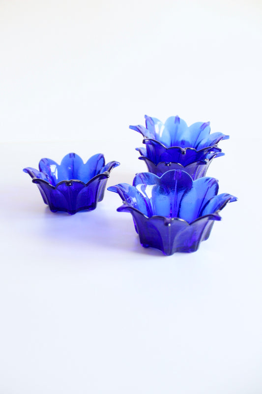 Set of 4 Vintage Cobalt Blue Lotus Glass Serving Bowls