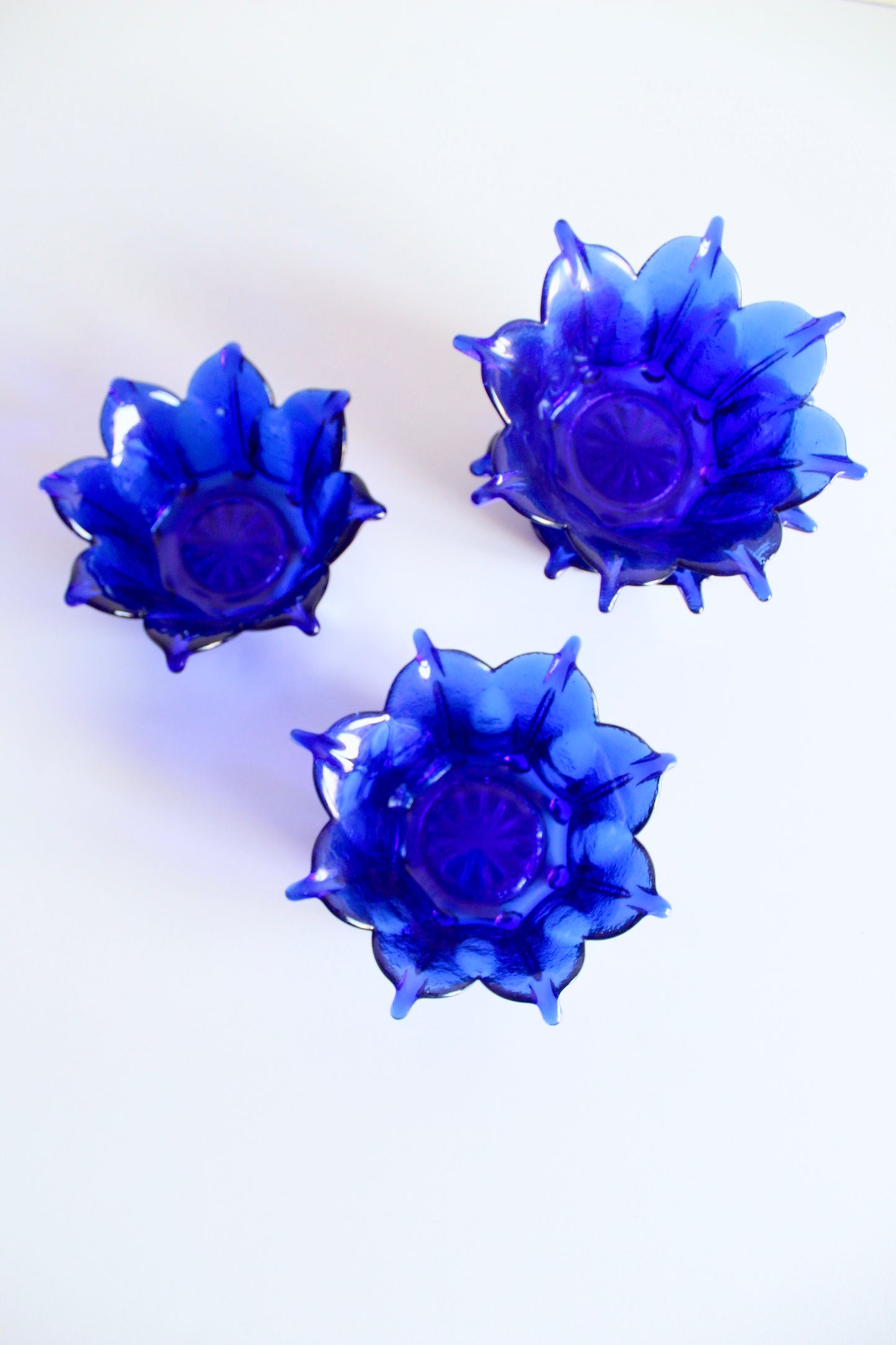Set of 4 Vintage Cobalt Blue Lotus Glass Serving Bowls