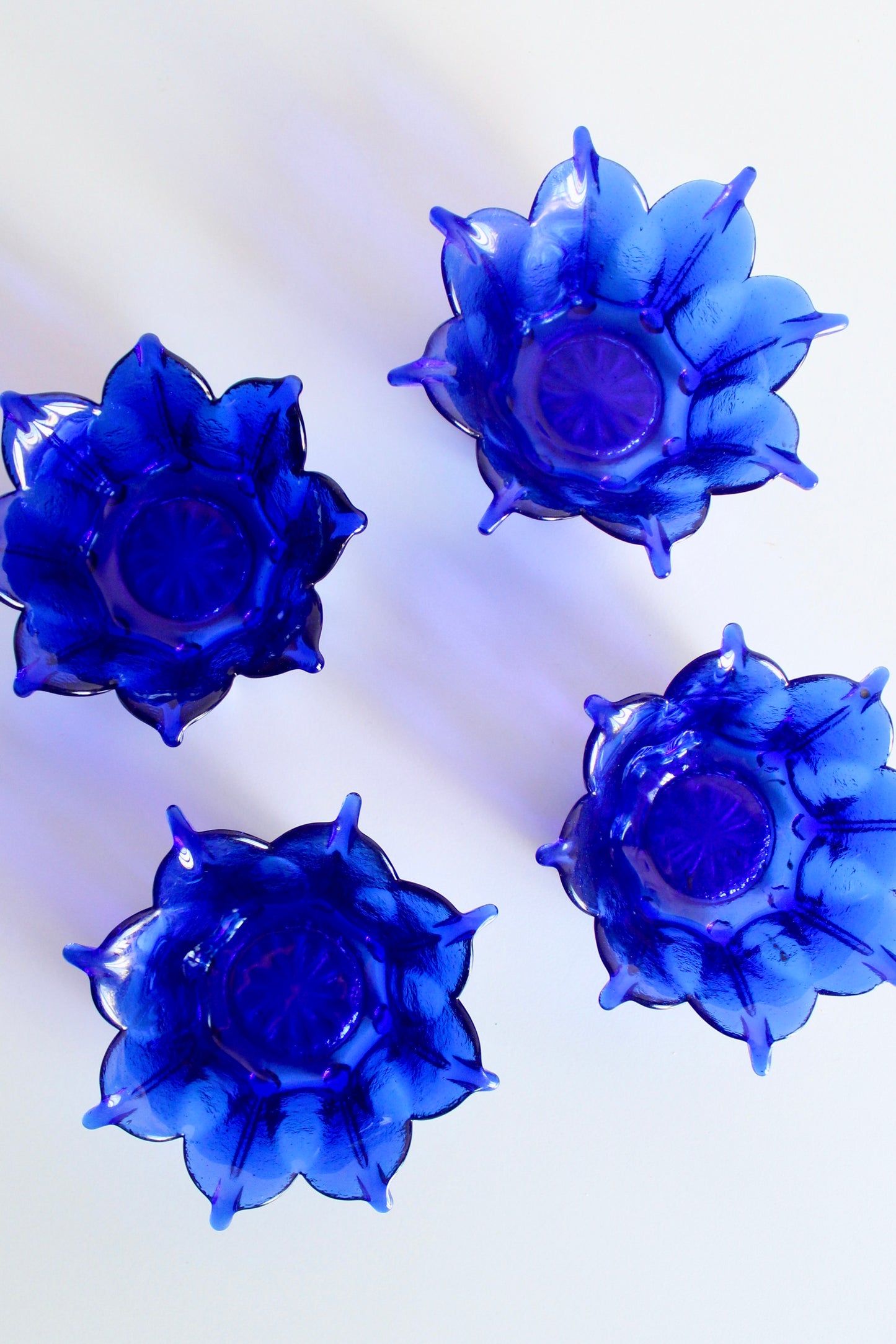 Set of 4 Vintage Cobalt Blue Lotus Glass Serving Bowls