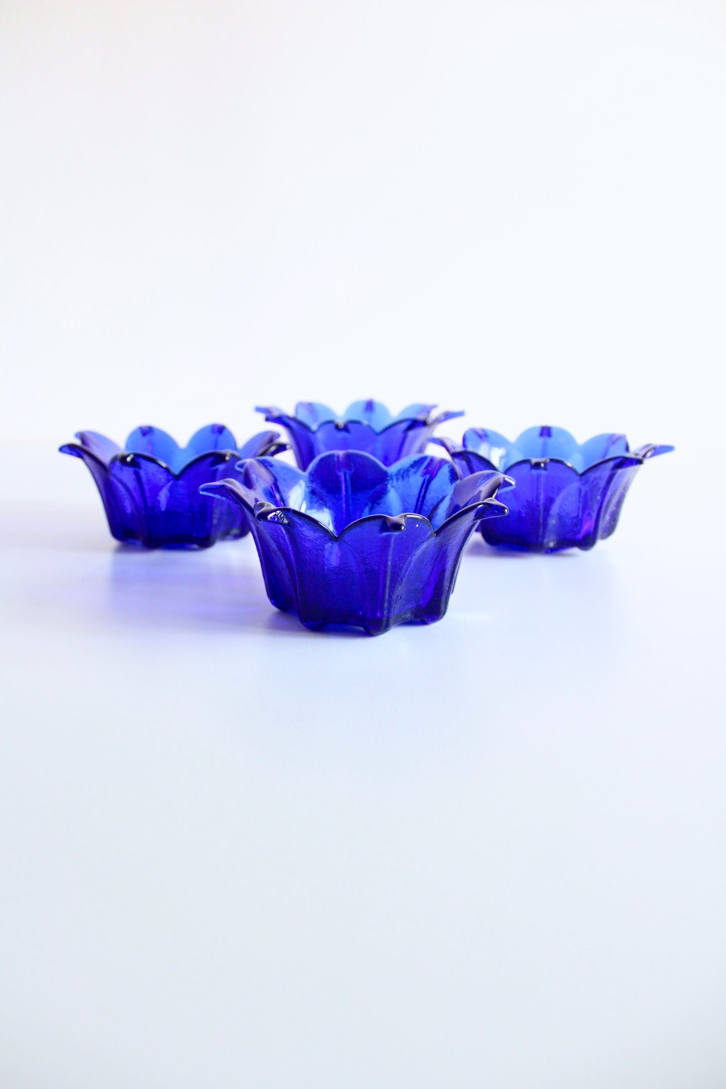 Set of 4 Vintage Cobalt Blue Lotus Glass Serving Bowls
