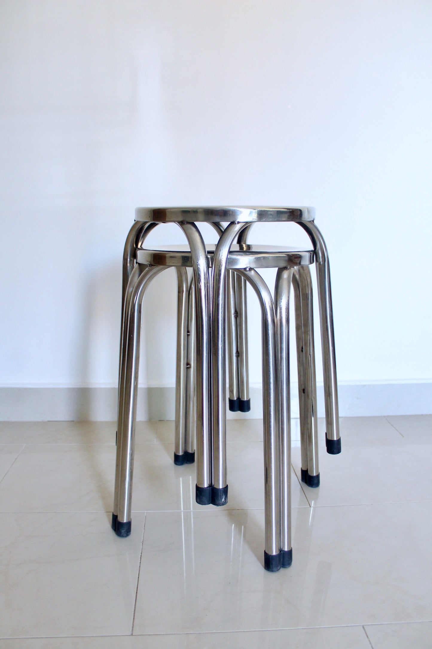 Pair of Vintage Chrome Industrial Stools | Mid-Century Modern