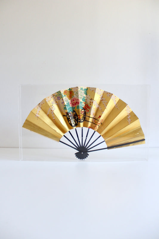 Antique Japanese Handpainted Fan in Custom Acrylic Case