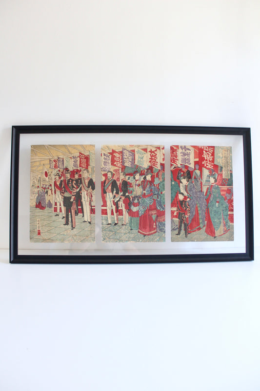 Antique Japanese Kunichika Woodblock Print Triptych