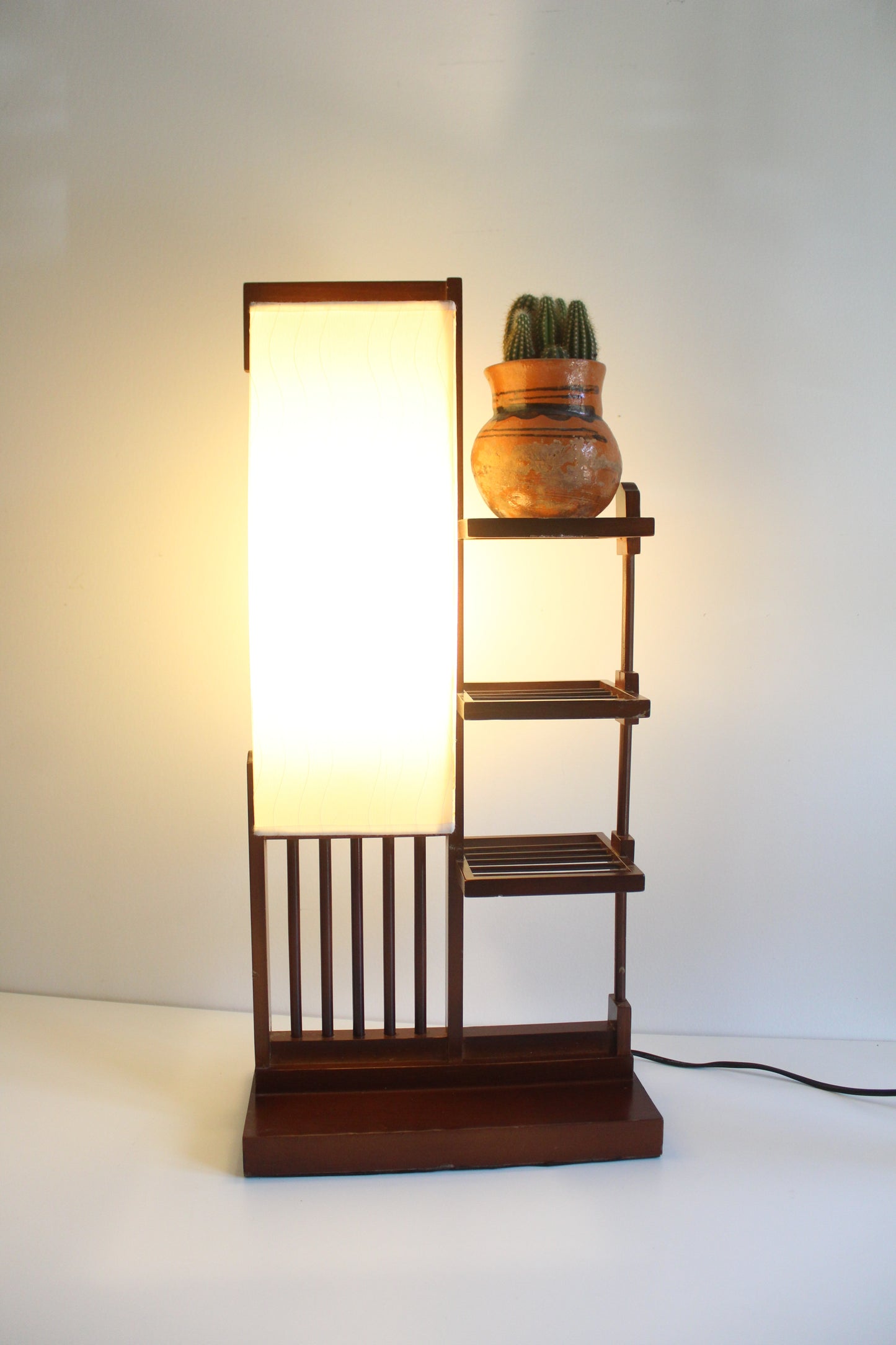 Asian Modern Display Shelf Table Lamp with Integrated Plant Stand