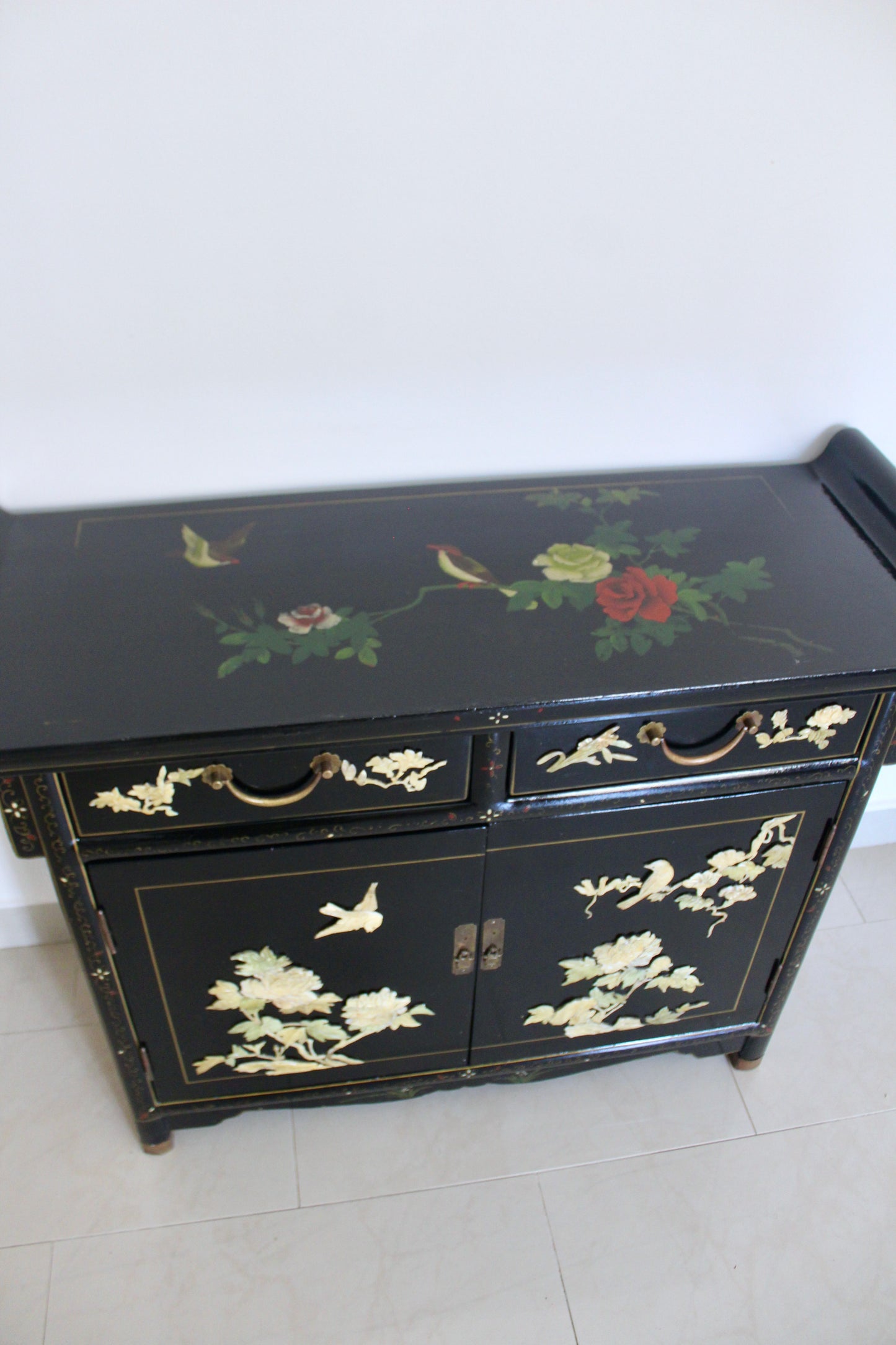 Vintage Black Lacquer Chinoiserie Cabinet with Soap Stone Carvings
