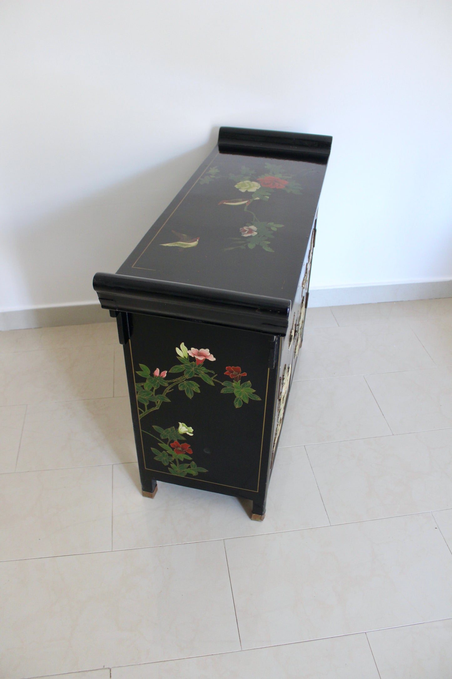 Vintage Black Lacquer Chinoiserie Cabinet with Soap Stone Carvings