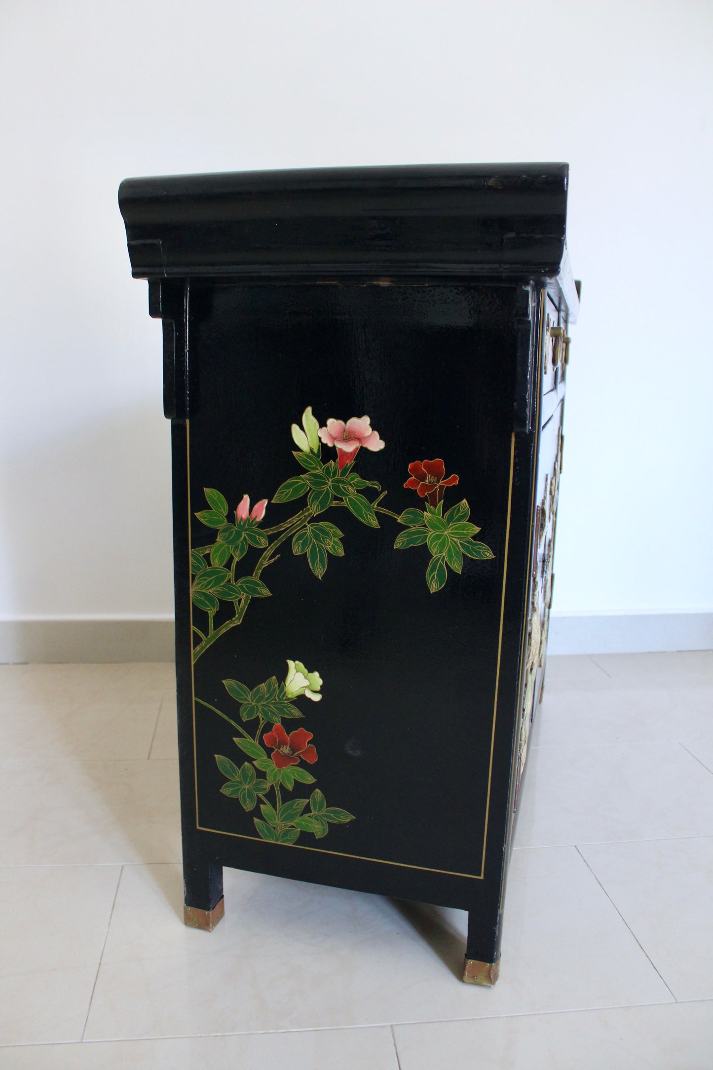 Vintage Black Lacquer Chinoiserie Cabinet with Soap Stone Carvings