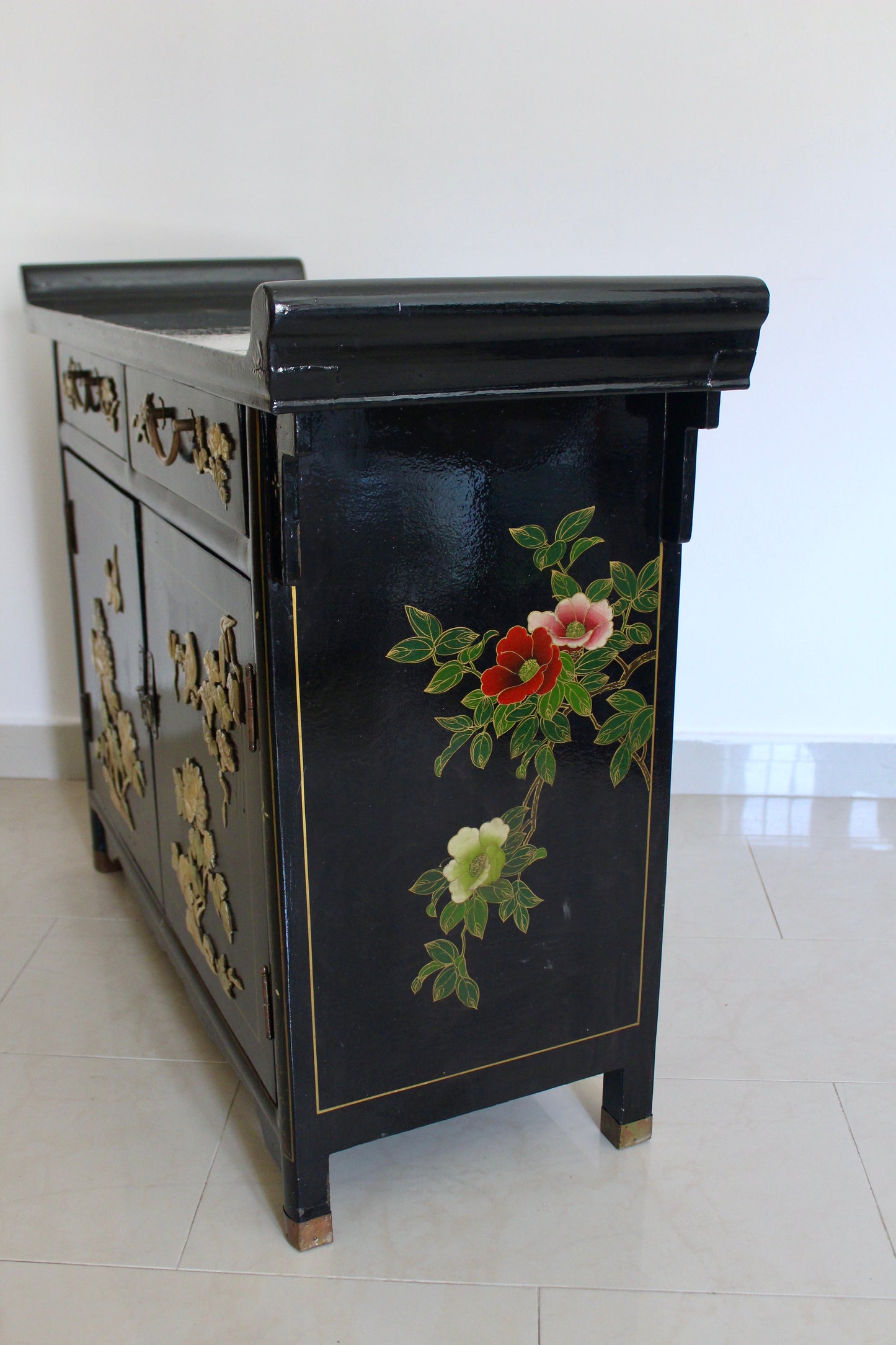 Vintage Black Lacquer Chinoiserie Cabinet with Soap Stone Carvings