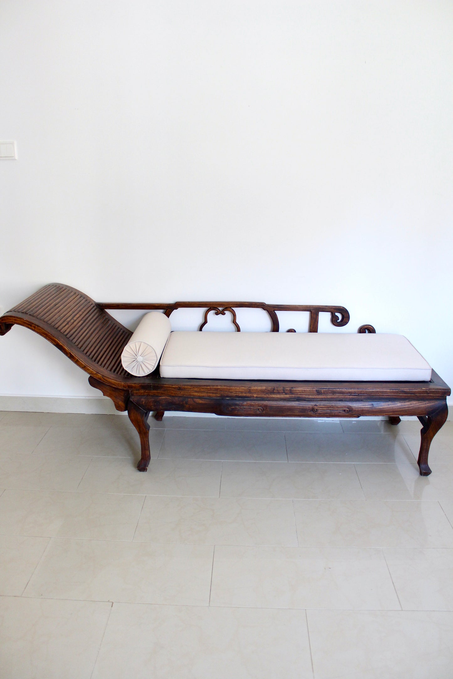 Antique Chinese Hardwood Chaise Lounge with Custom Upholstery
