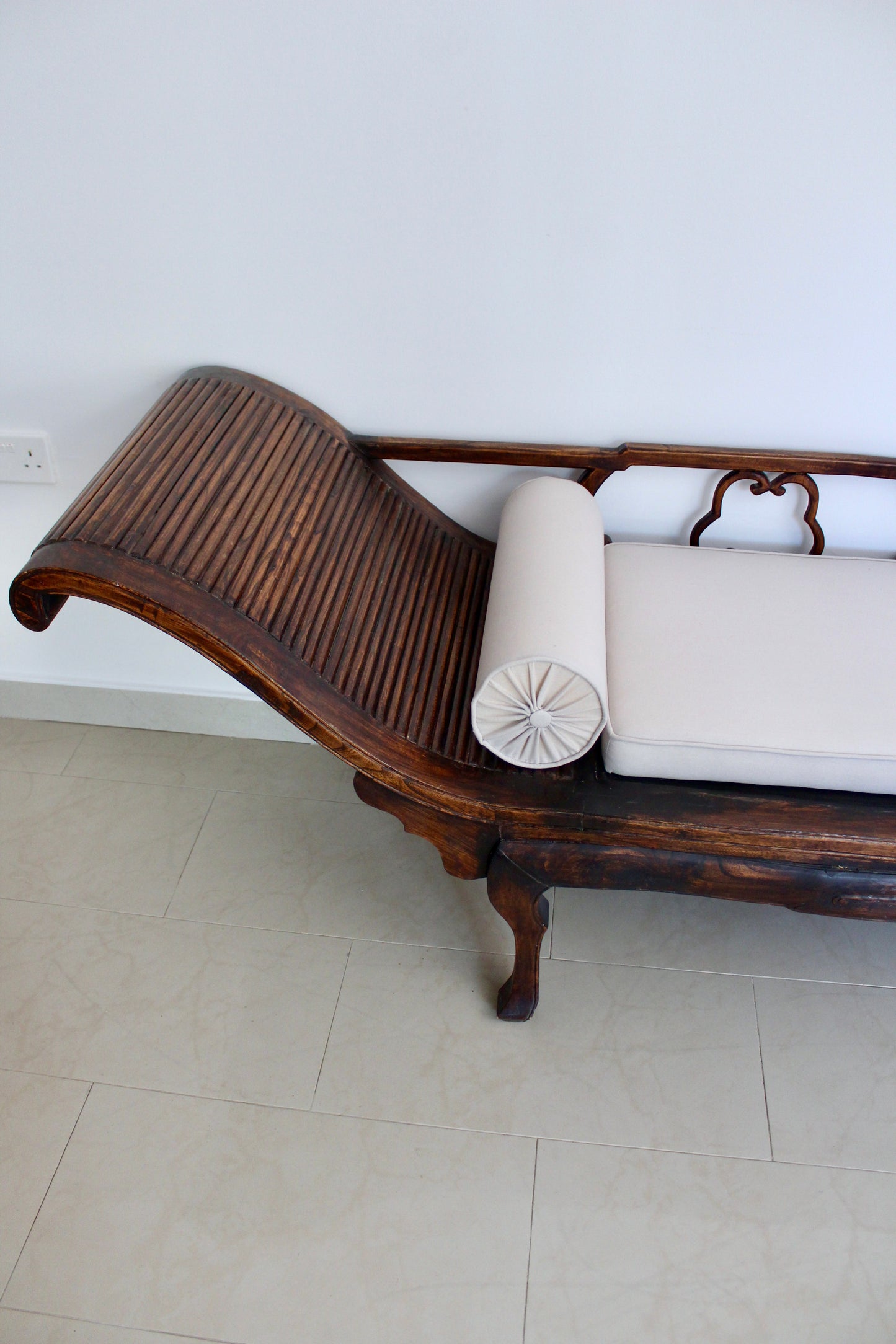 Antique Chinese Hardwood Chaise Lounge with Custom Upholstery