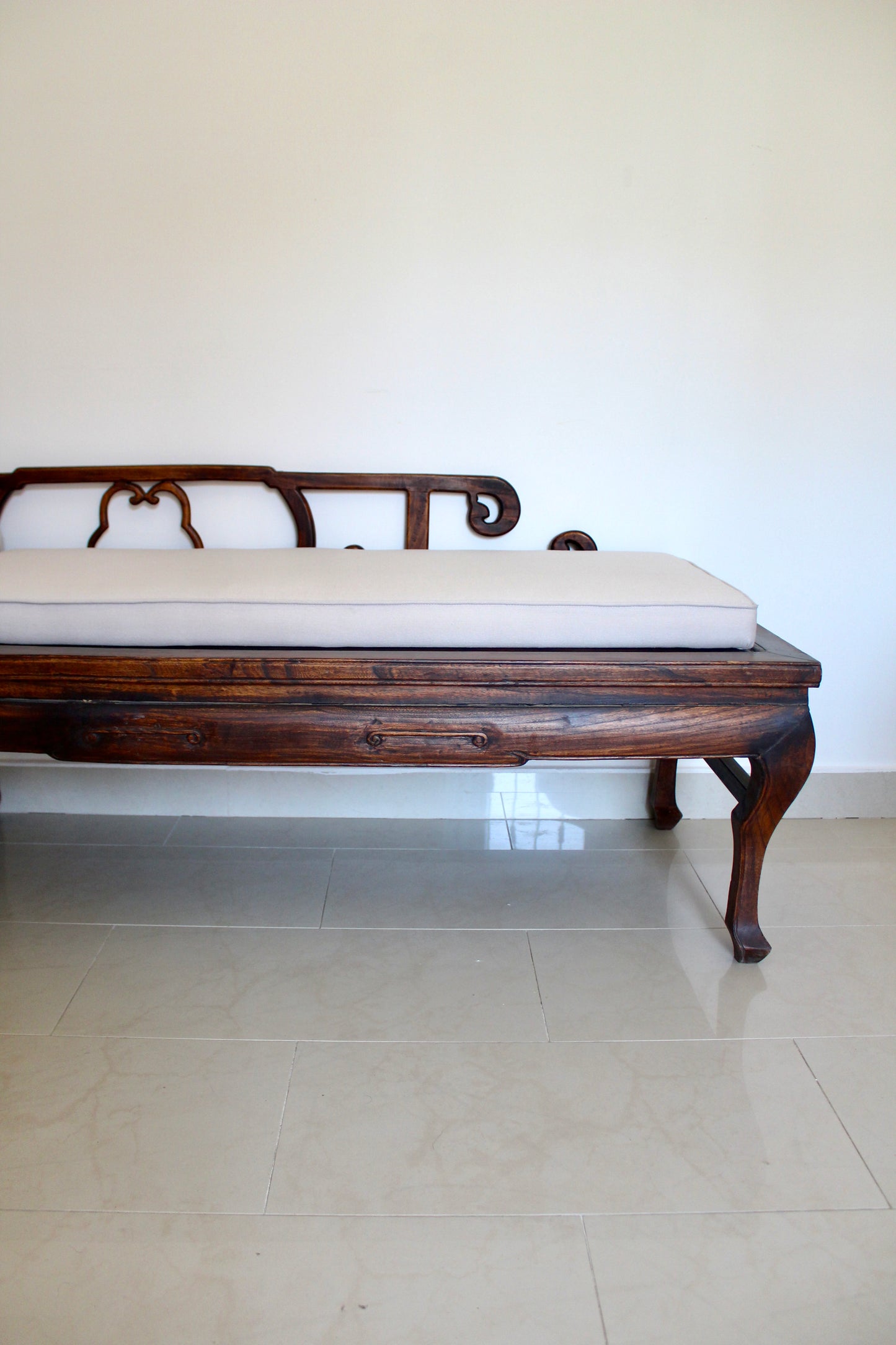 Antique Chinese Hardwood Chaise Lounge with Custom Upholstery
