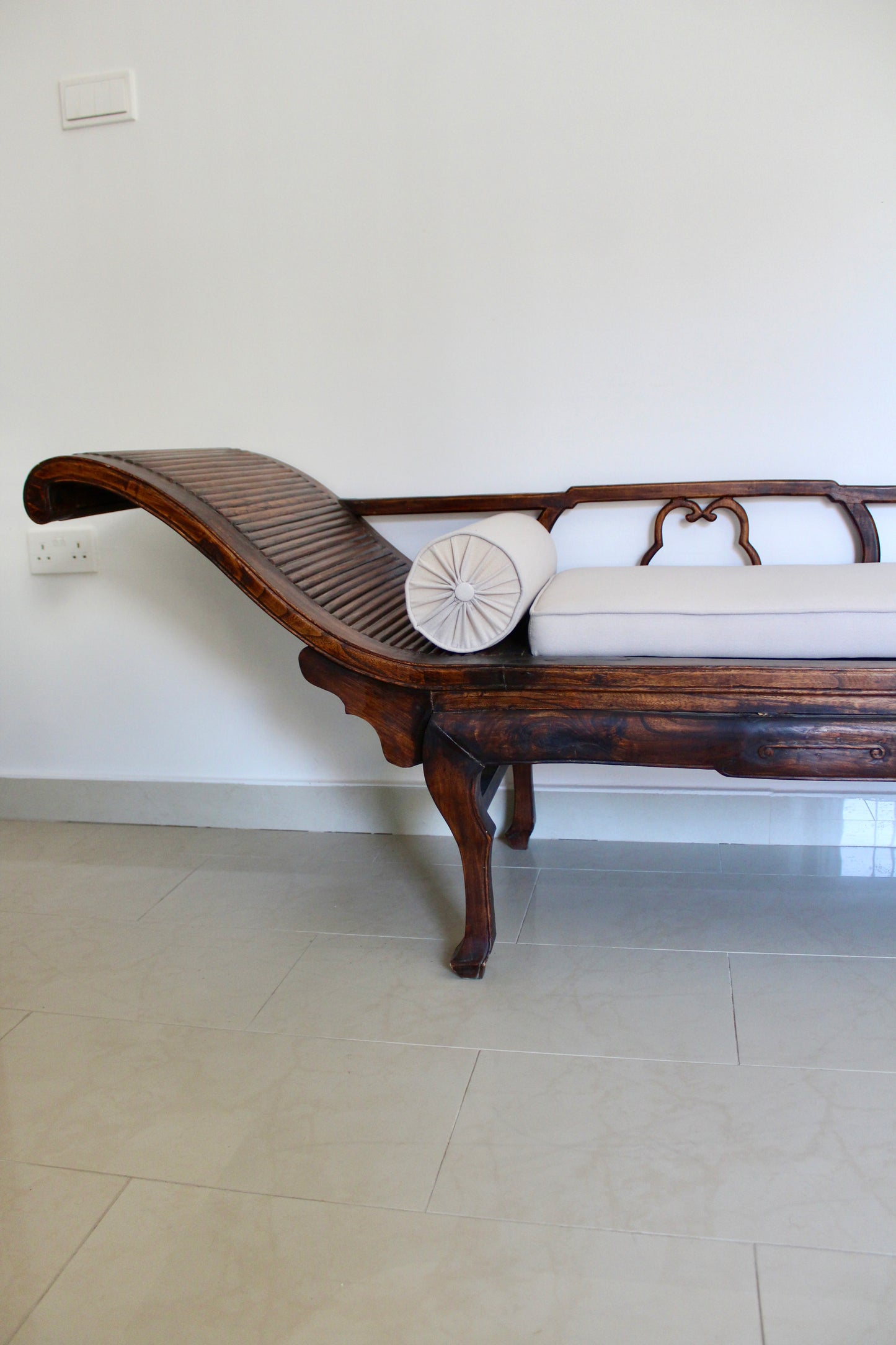 Antique Chinese Hardwood Chaise Lounge with Custom Upholstery