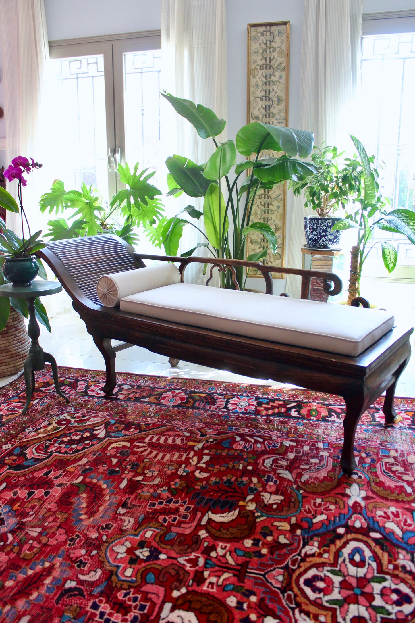 Antique Chinese Hardwood Chaise Lounge with Custom Upholstery