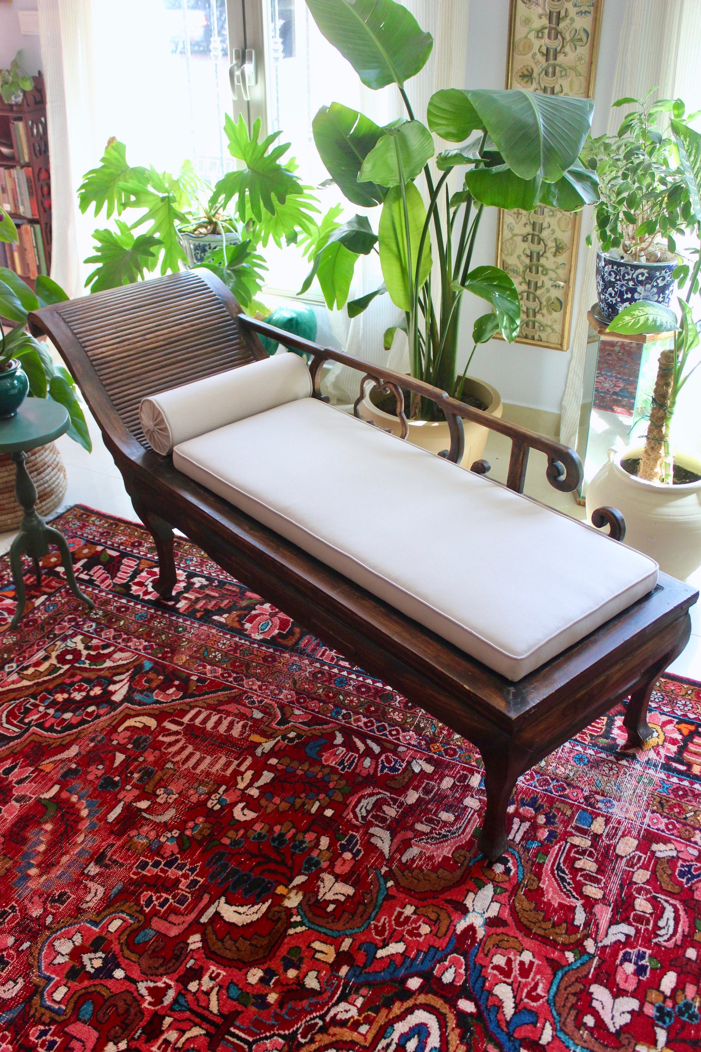 Antique Chinese Hardwood Chaise Lounge with Custom Upholstery