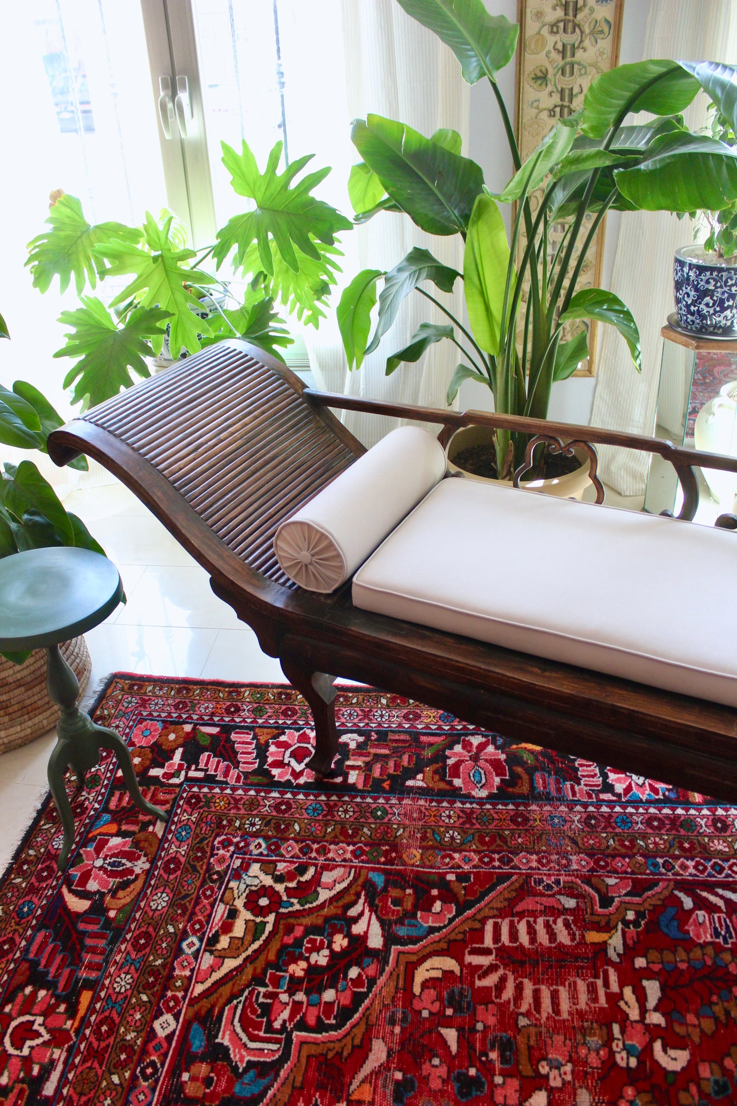 Antique Chinese Hardwood Chaise Lounge with Custom Upholstery