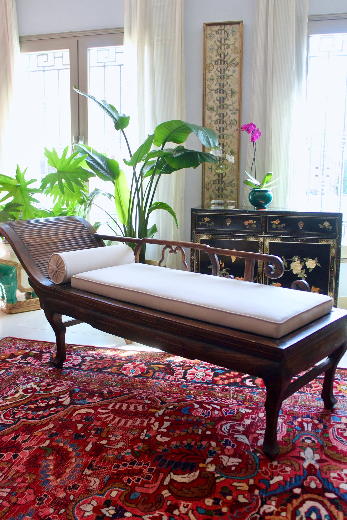 Antique Chinese Hardwood Chaise Lounge with Custom Upholstery