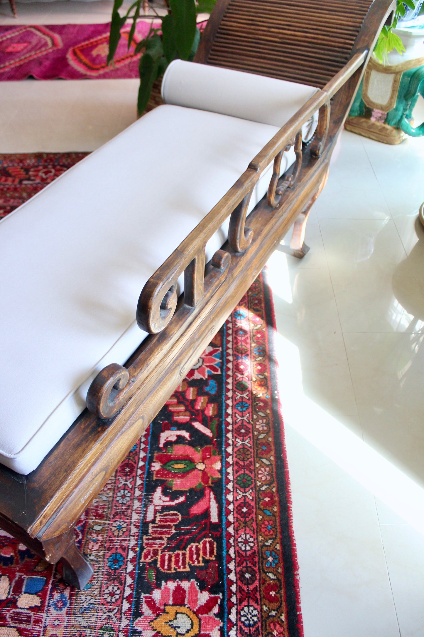 Antique Chinese Hardwood Chaise Lounge with Custom Upholstery