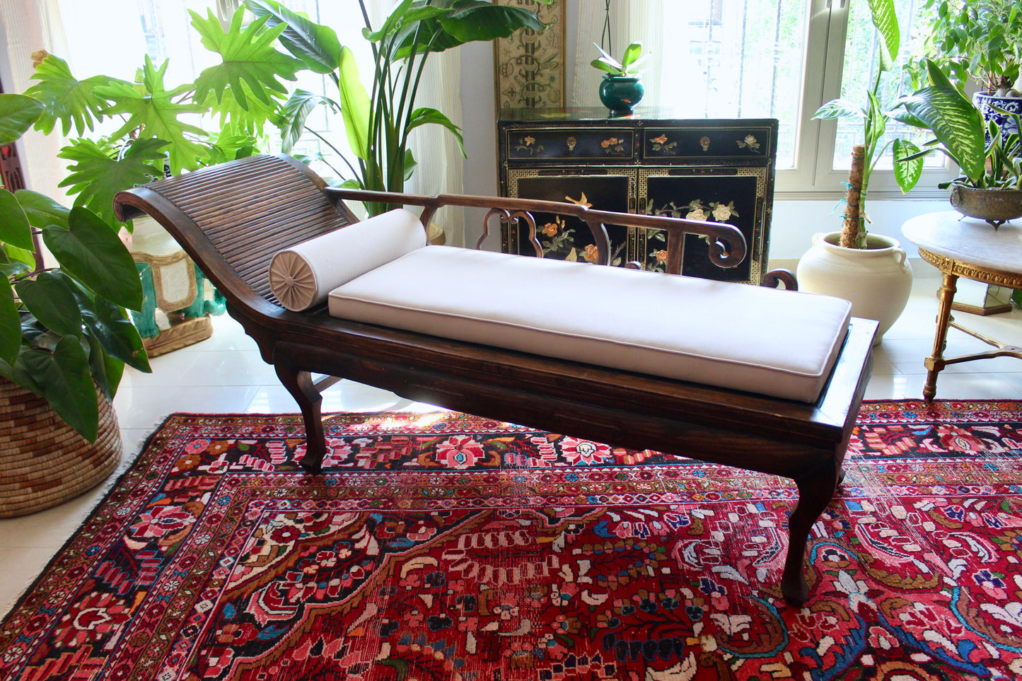 Antique Chinese Hardwood Chaise Lounge with Custom Upholstery