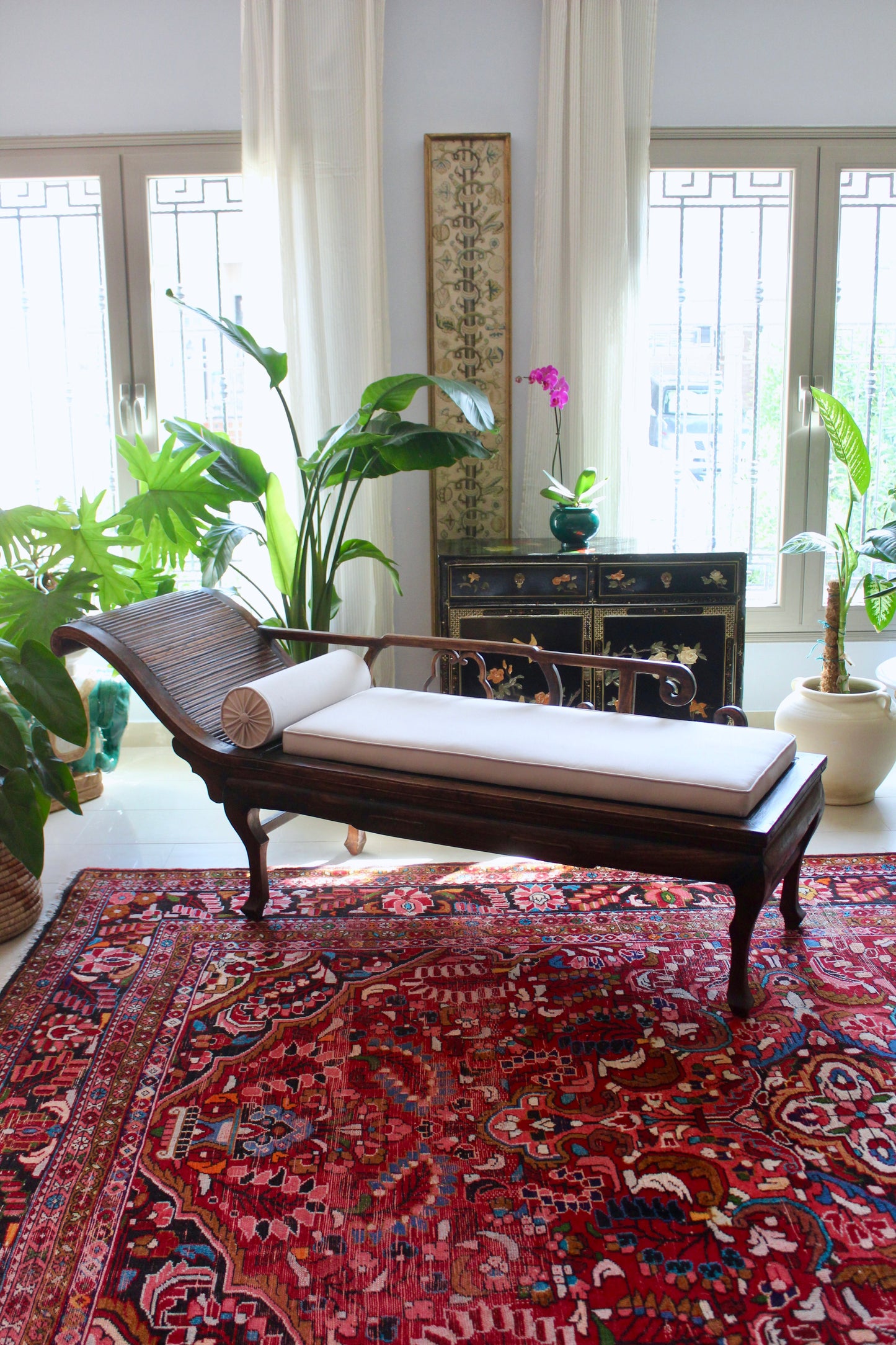 Antique Chinese Hardwood Chaise Lounge with Custom Upholstery