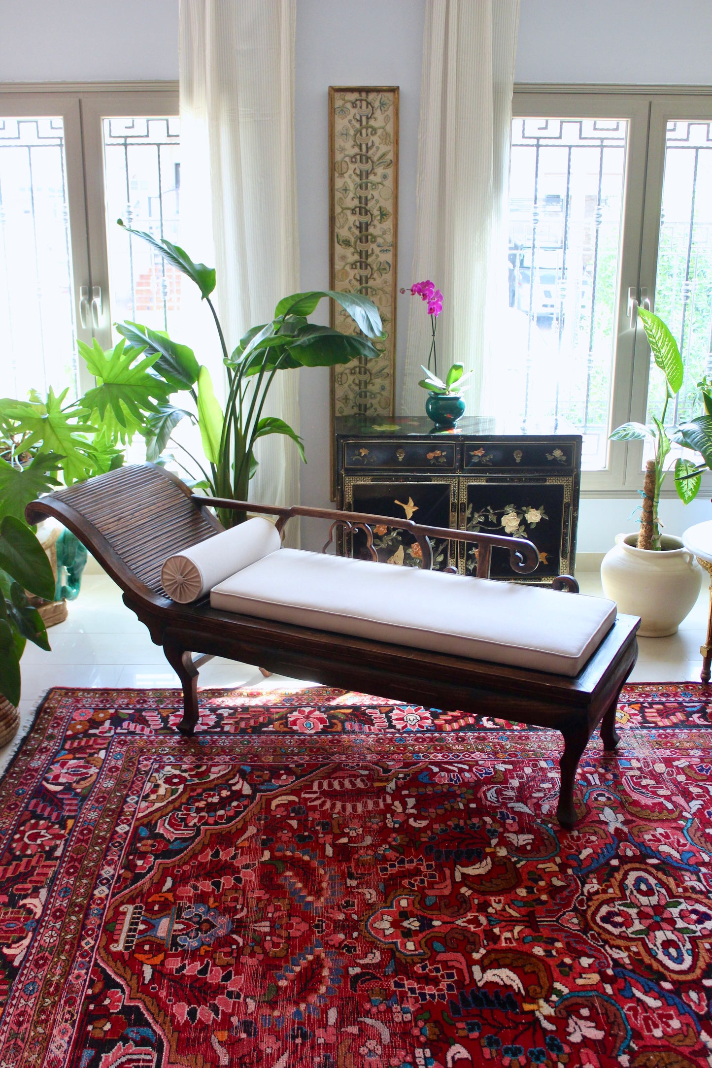 Antique Chinese Hardwood Chaise Lounge with Custom Upholstery