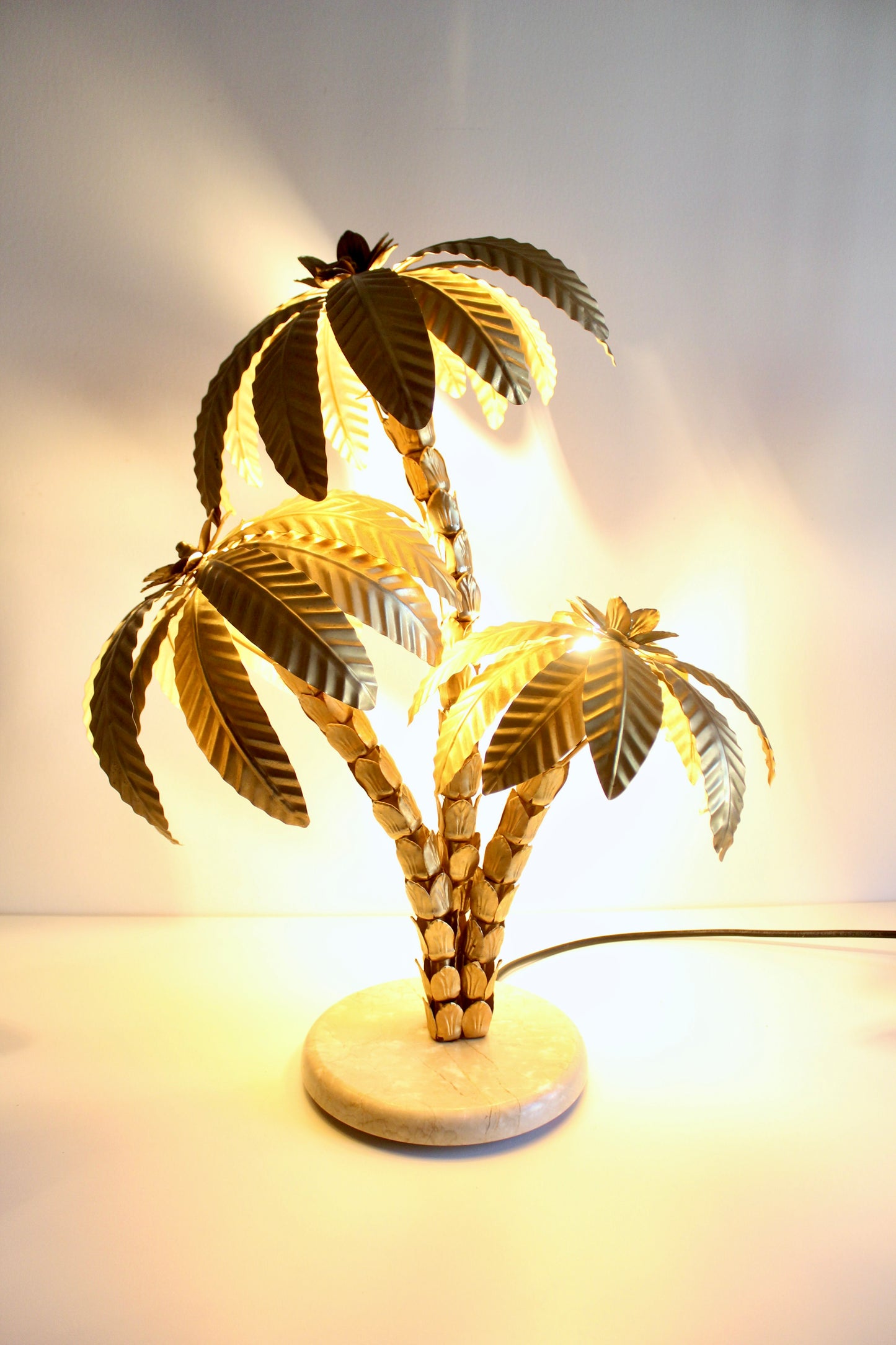 Vintage 1980s Brass Palm Tree Lamp with Marble Stand