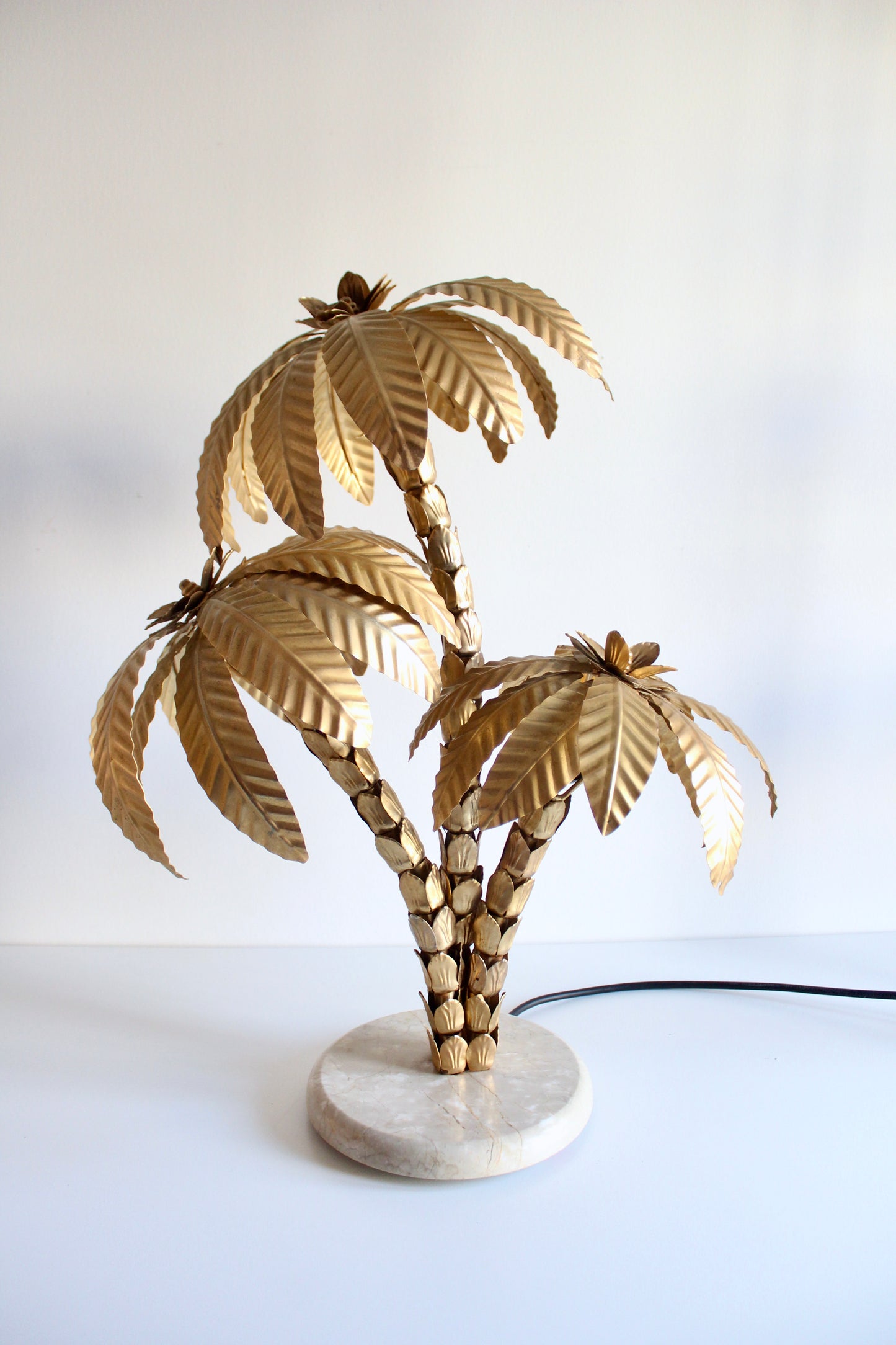Vintage 1980s Brass Palm Tree Lamp with Marble Stand