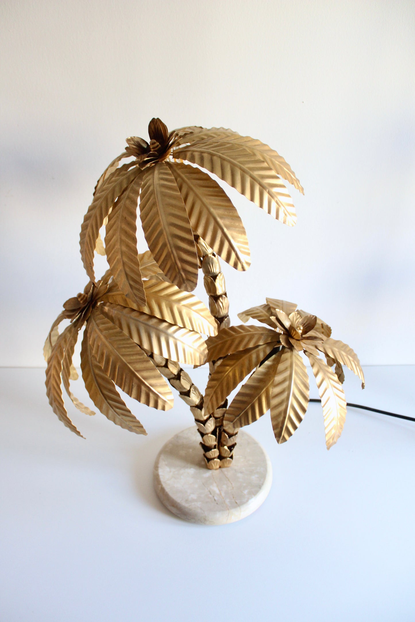Vintage 1980s Brass Palm Tree Lamp with Marble Stand