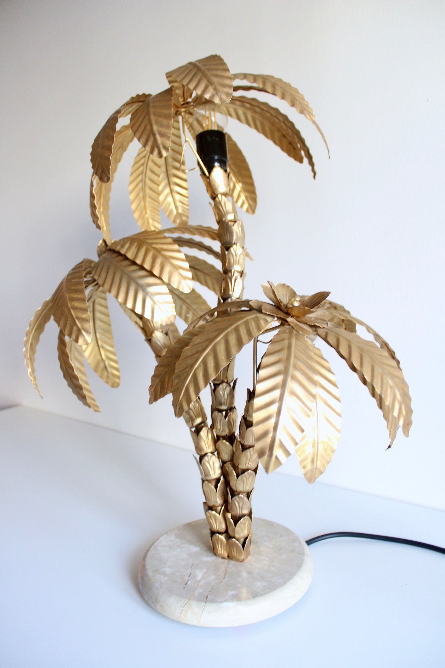 Vintage 1980s Brass Palm Tree Lamp with Marble Stand