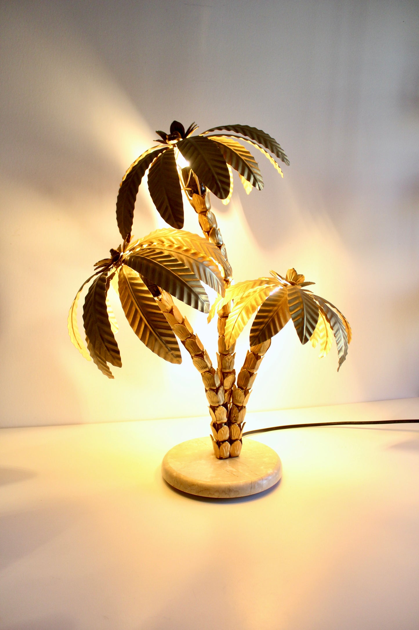 Vintage 1980s Brass Palm Tree Lamp with Marble Stand