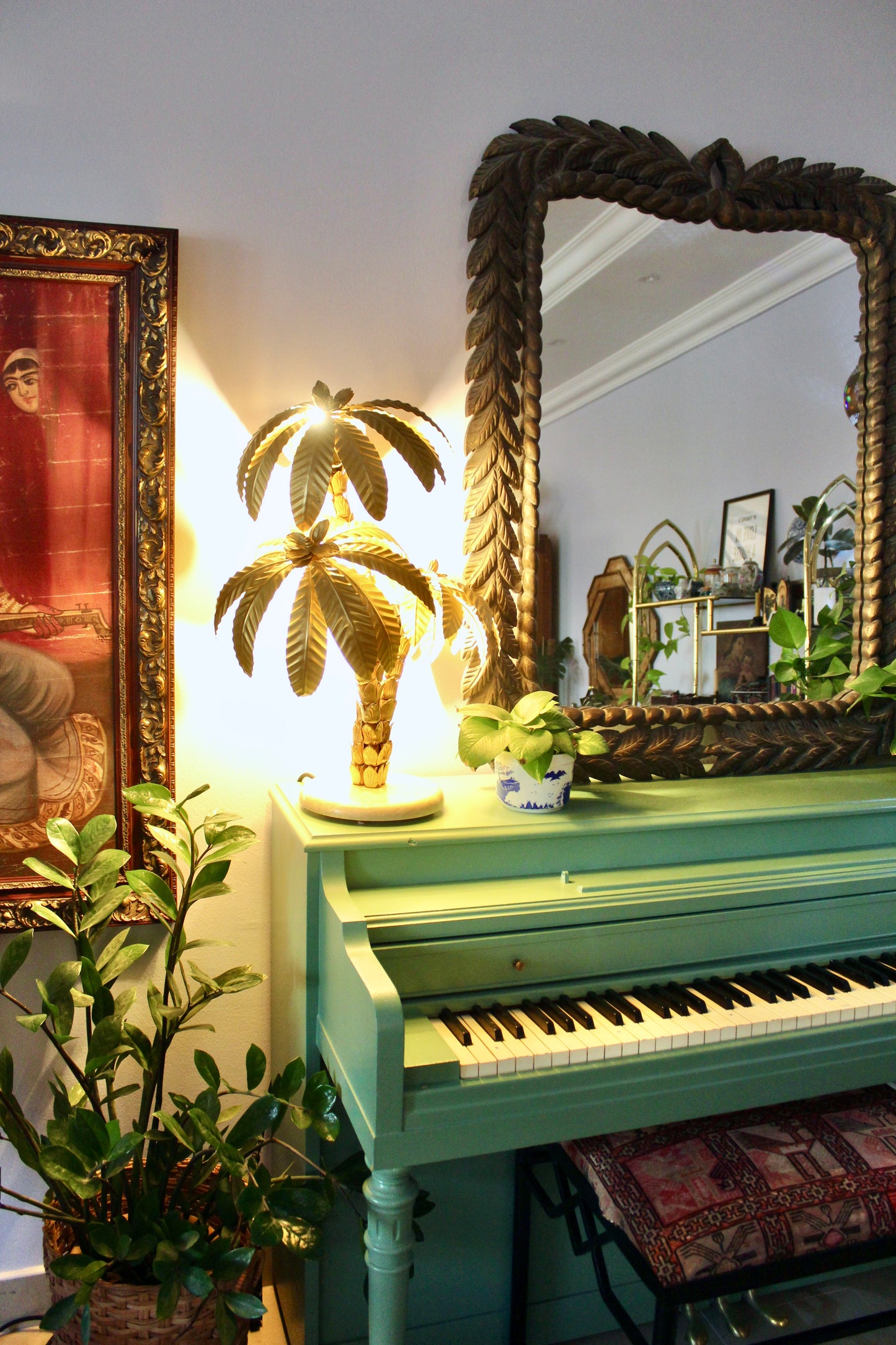 Vintage 1980s Brass Palm Tree Lamp with Marble Stand