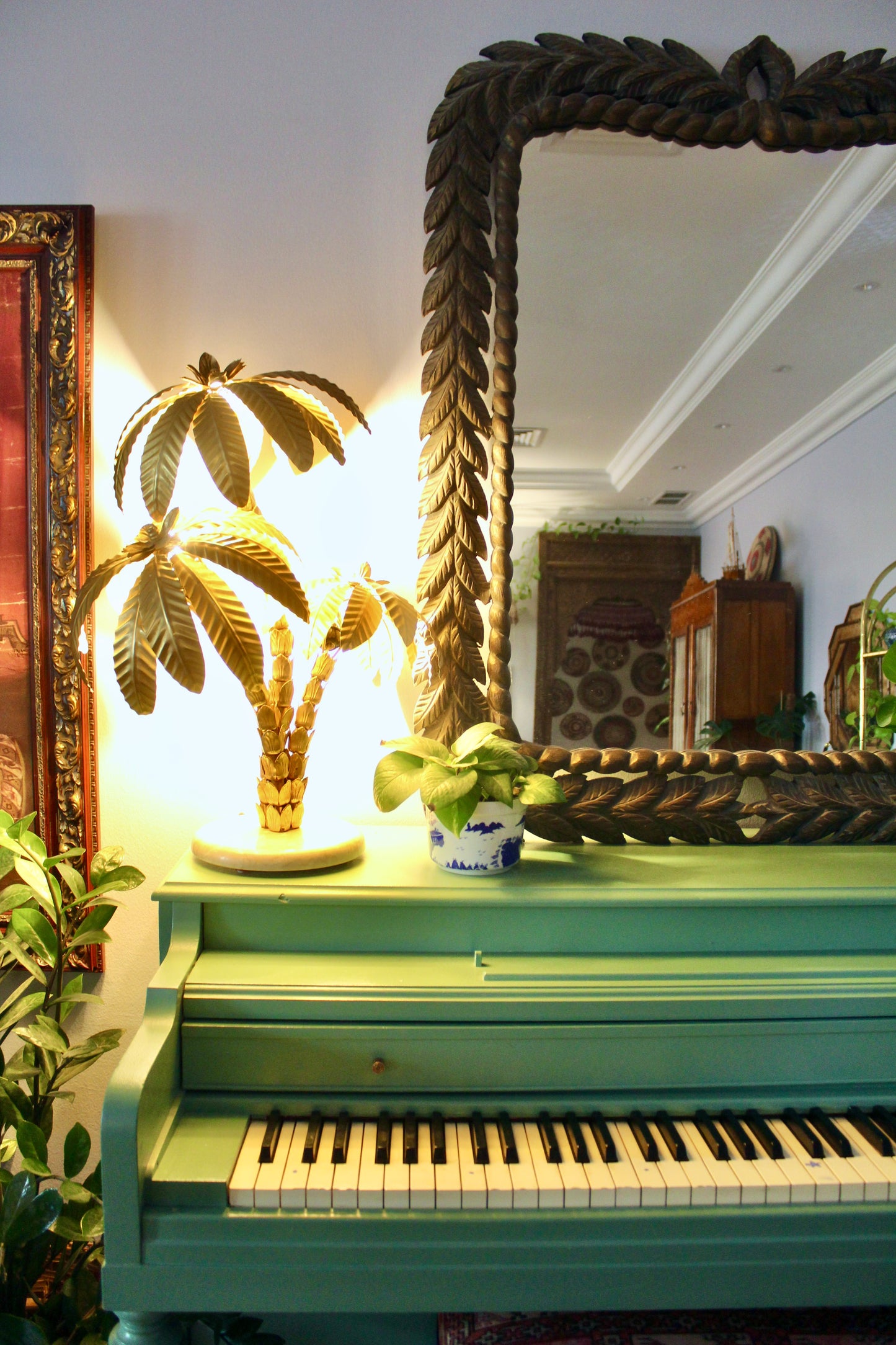 Vintage 1980s Brass Palm Tree Lamp with Marble Stand