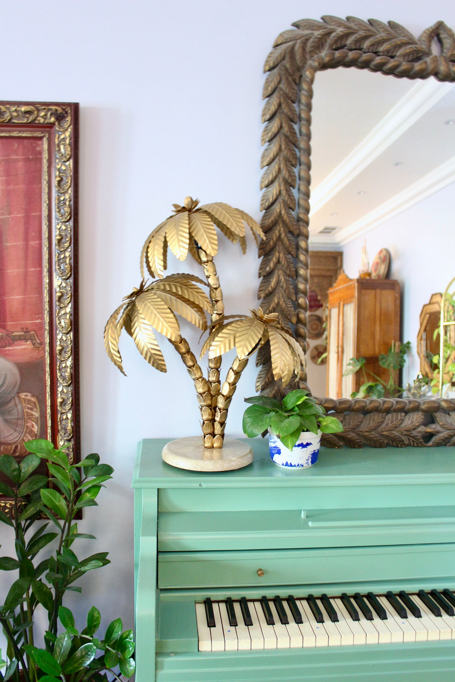 Vintage 1980s Brass Palm Tree Lamp with Marble Stand