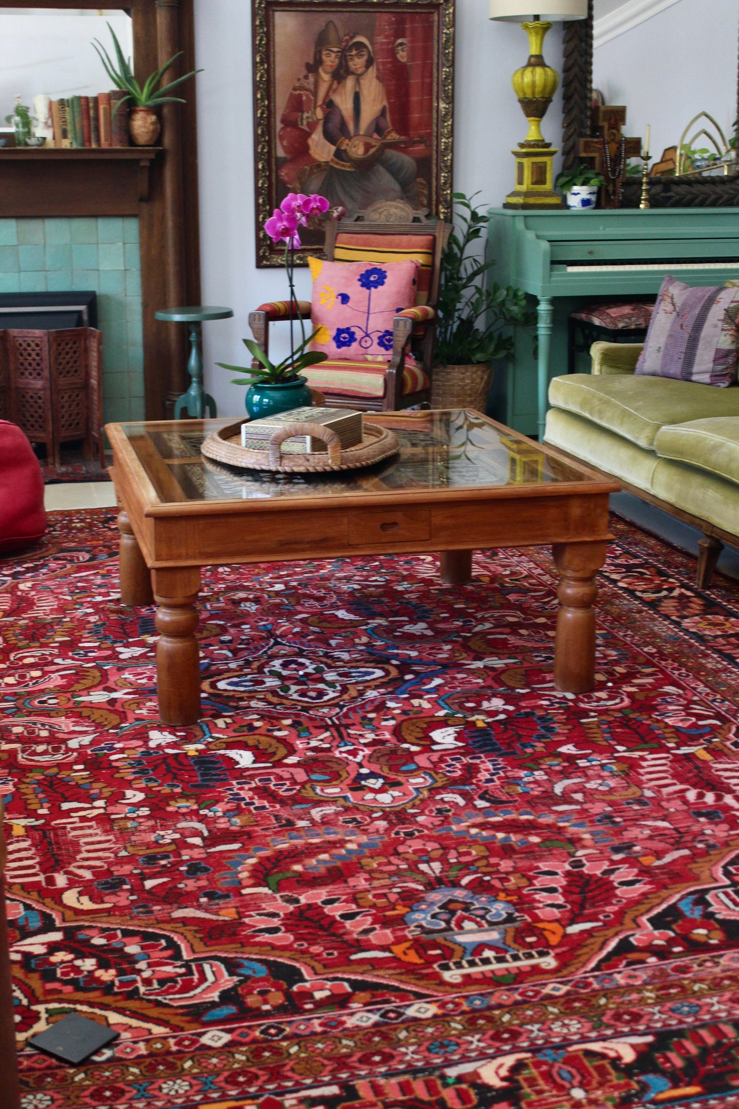 Solid Wood, Glass Top Coffee Table with Dhokra Panels
