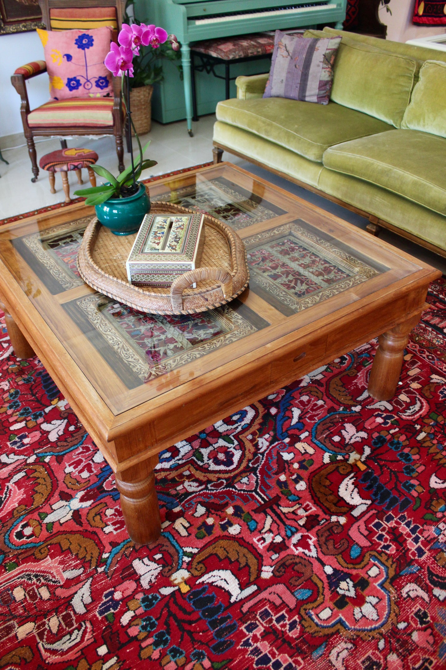 Solid Wood, Glass Top Coffee Table with Dhokra Panels