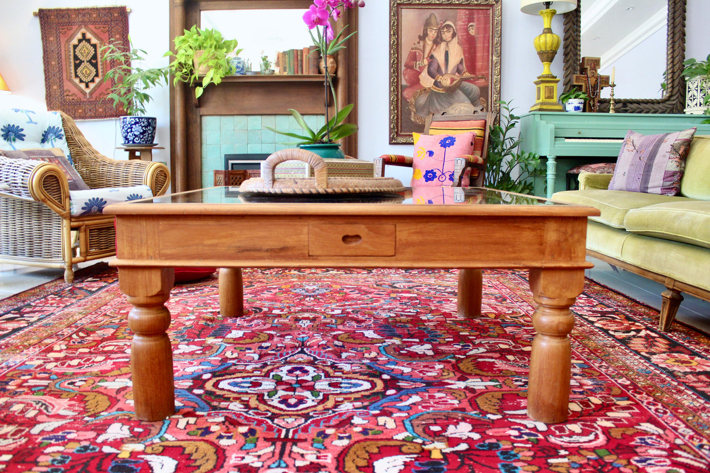 Solid Wood, Glass Top Coffee Table with Dhokra Panels