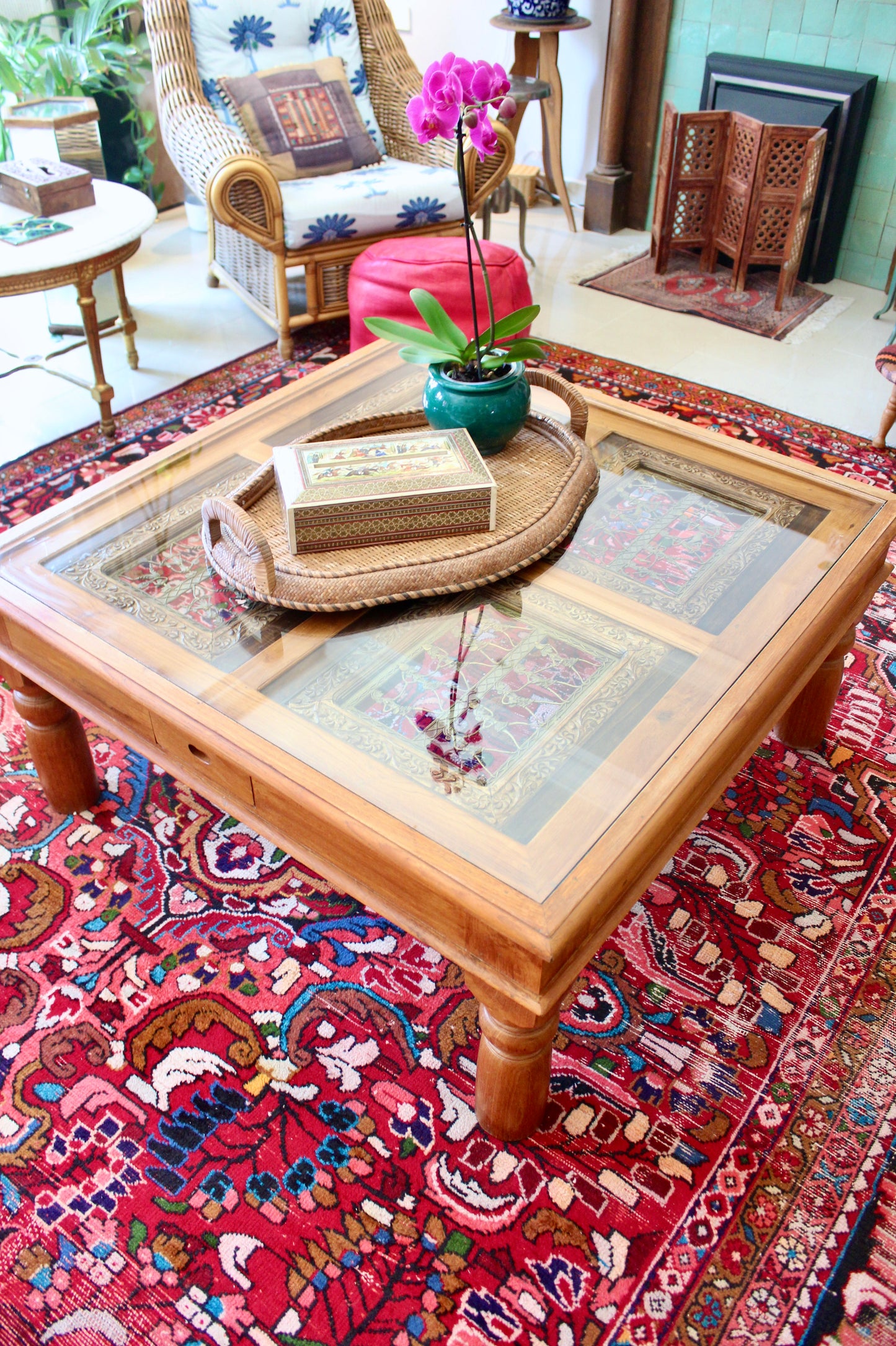 Solid Wood, Glass Top Coffee Table with Dhokra Panels