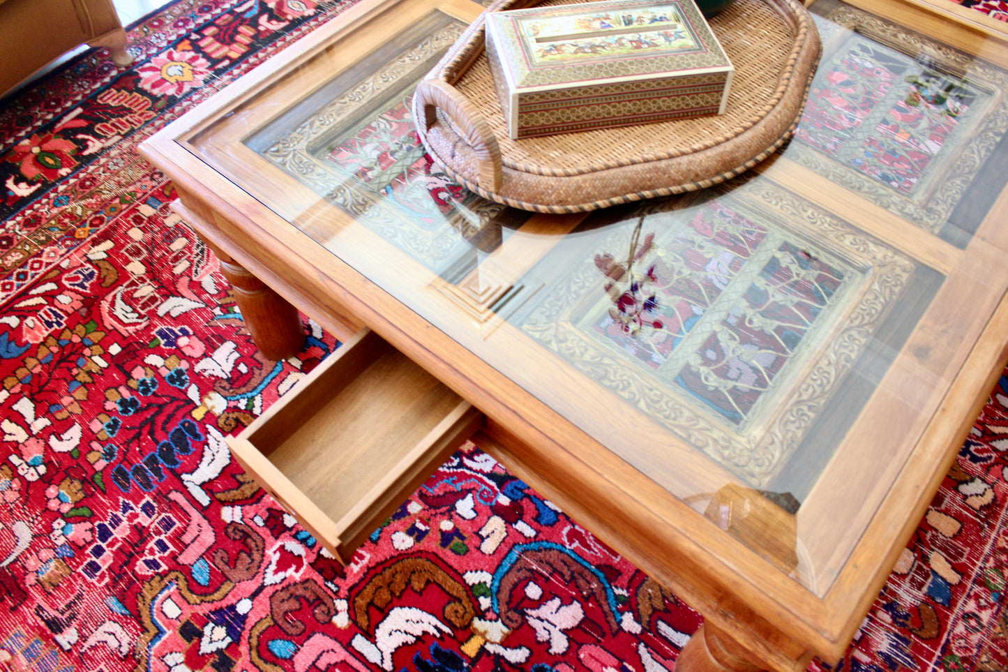 Solid Wood, Glass Top Coffee Table with Dhokra Panels