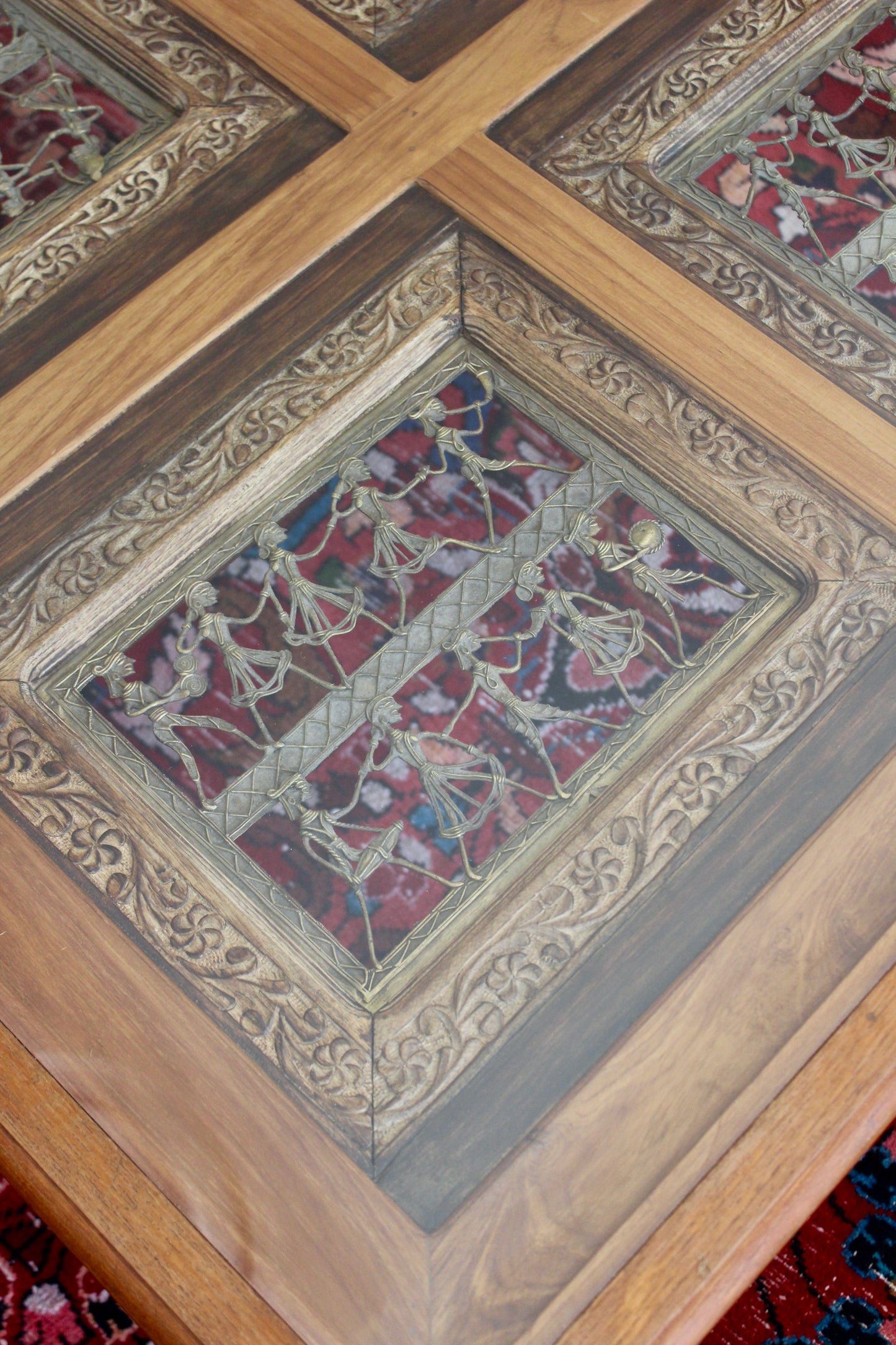 Solid Wood, Glass Top Coffee Table with Dhokra Panels
