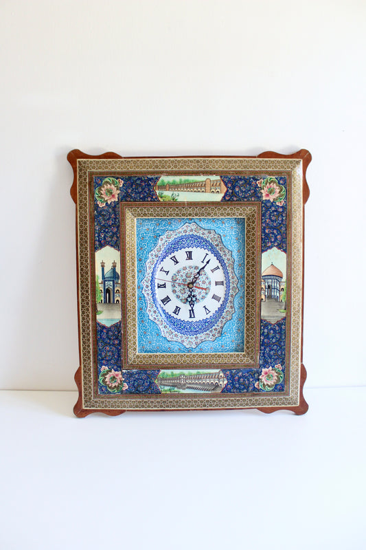Persian Khatamkari Wall Clock with Isfahan Architectural Scenes