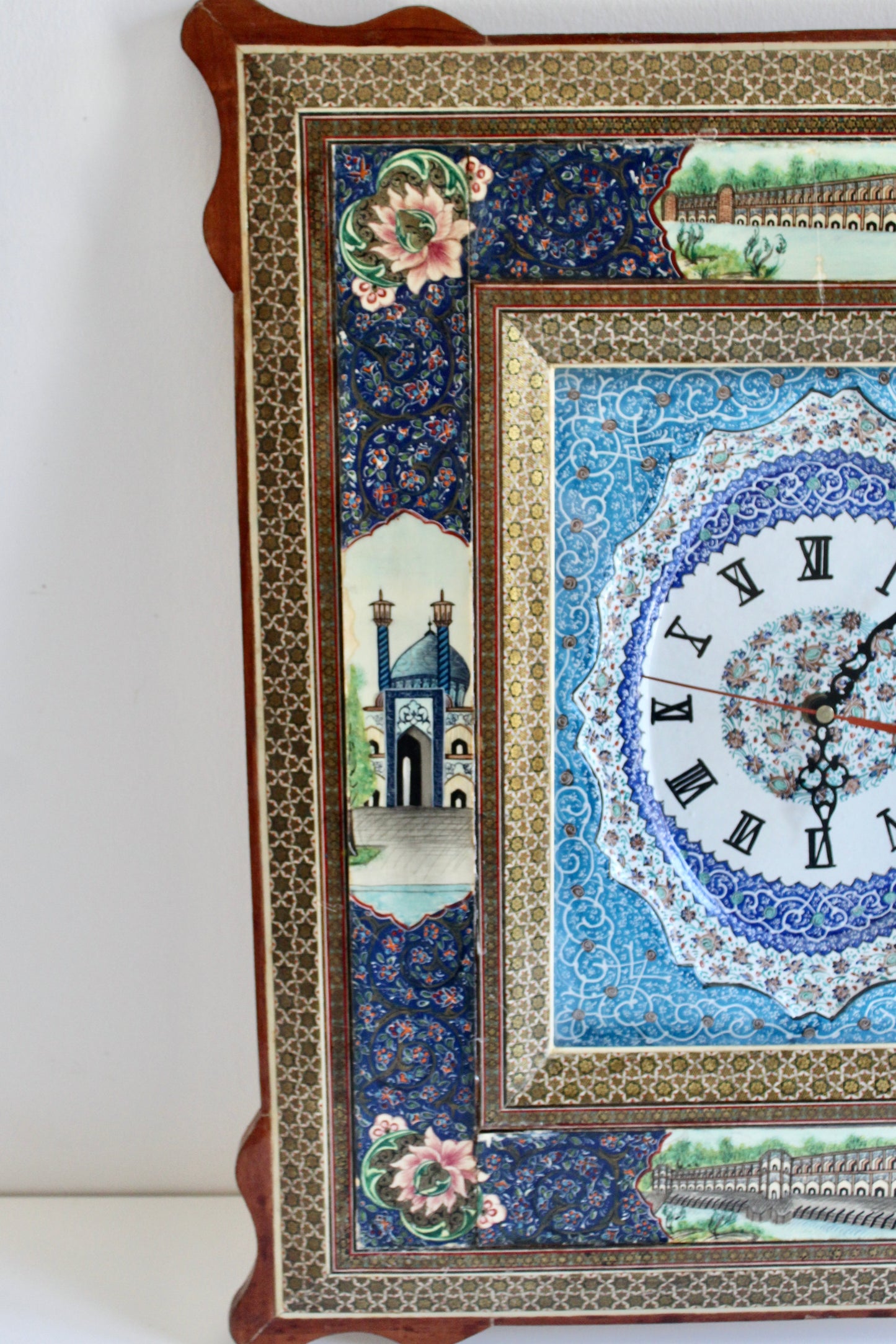 Persian Khatamkari Wall Clock with Isfahan Architectural Scenes