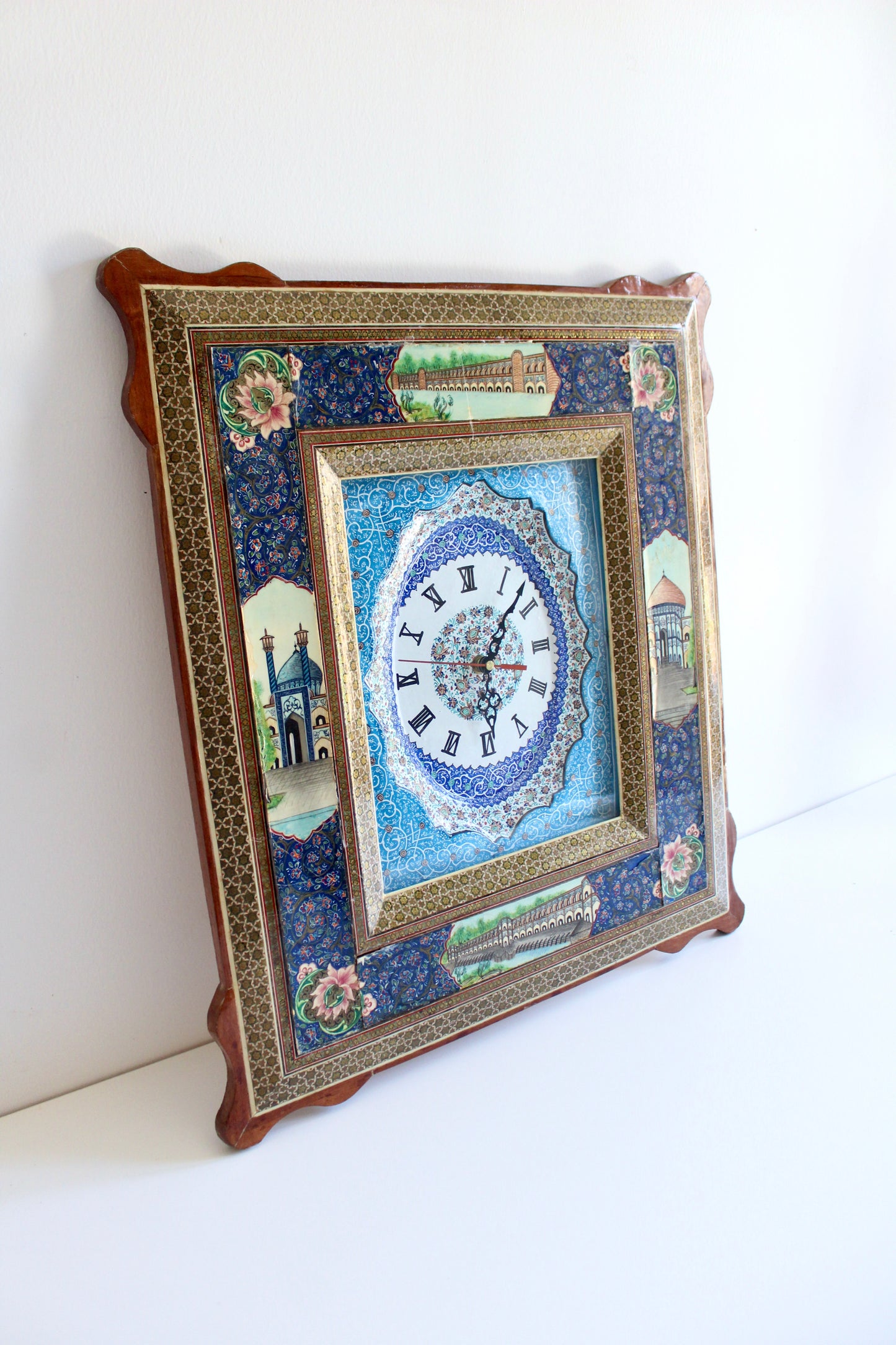 Persian Khatamkari Wall Clock with Isfahan Architectural Scenes