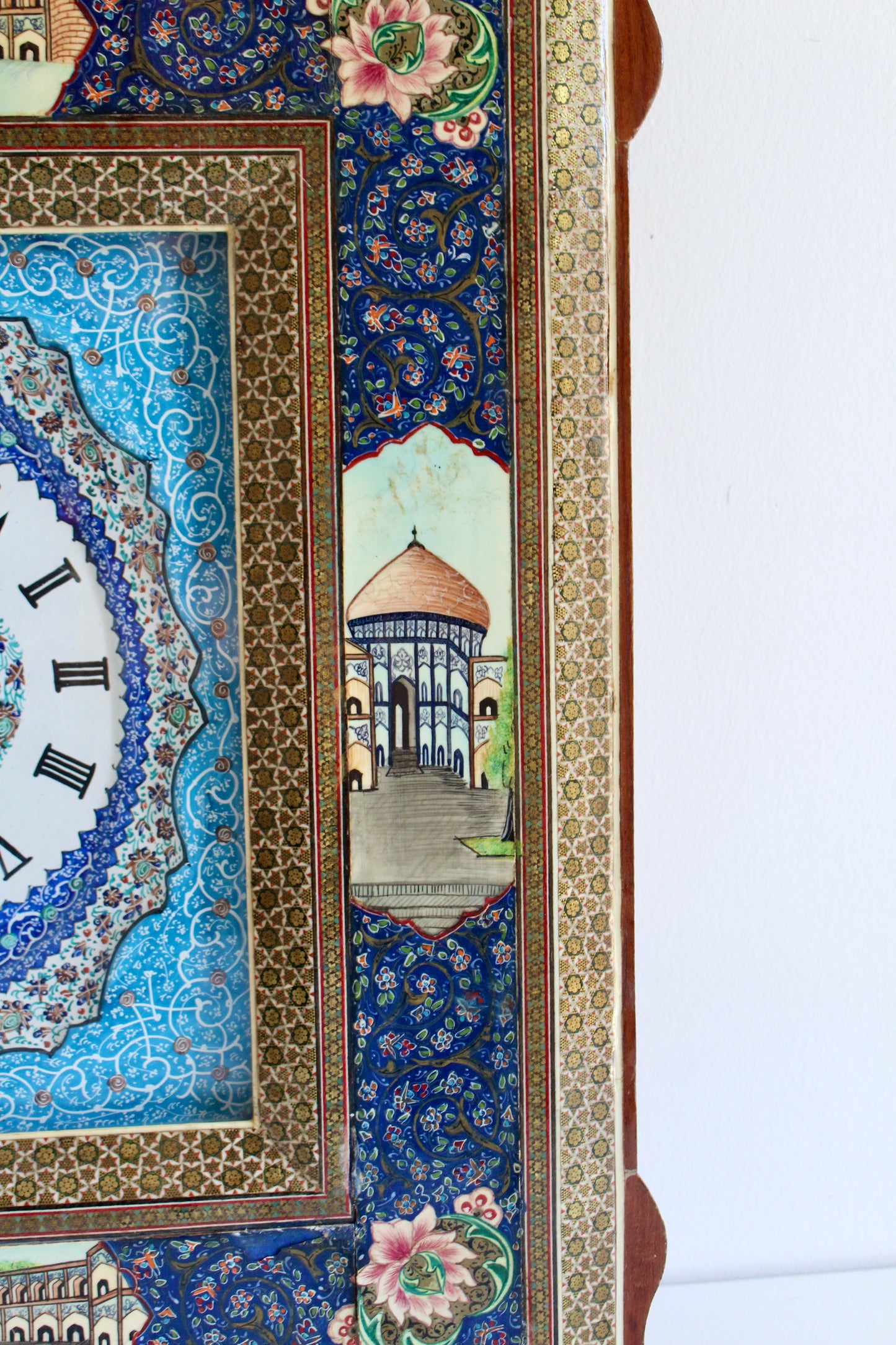 Persian Khatamkari Wall Clock with Isfahan Architectural Scenes